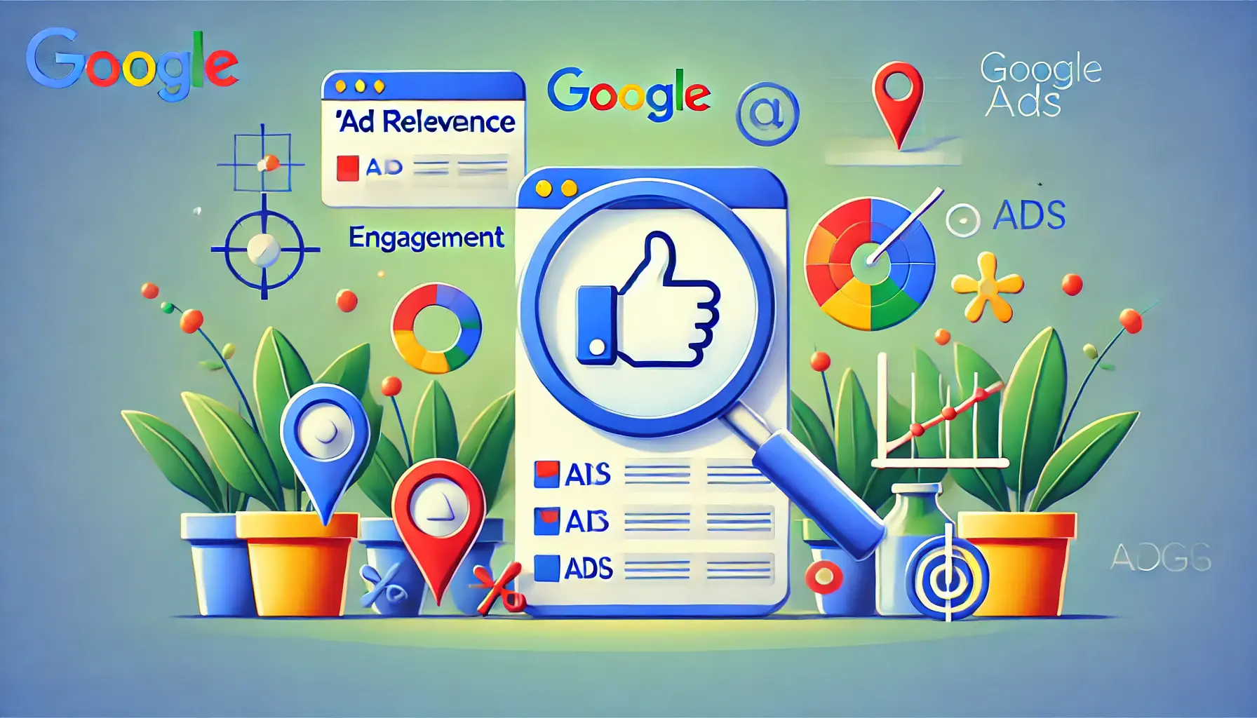 Image illustrating ad relevance with a magnifying glass focused on ads, engagement icons, and targeting symbols.