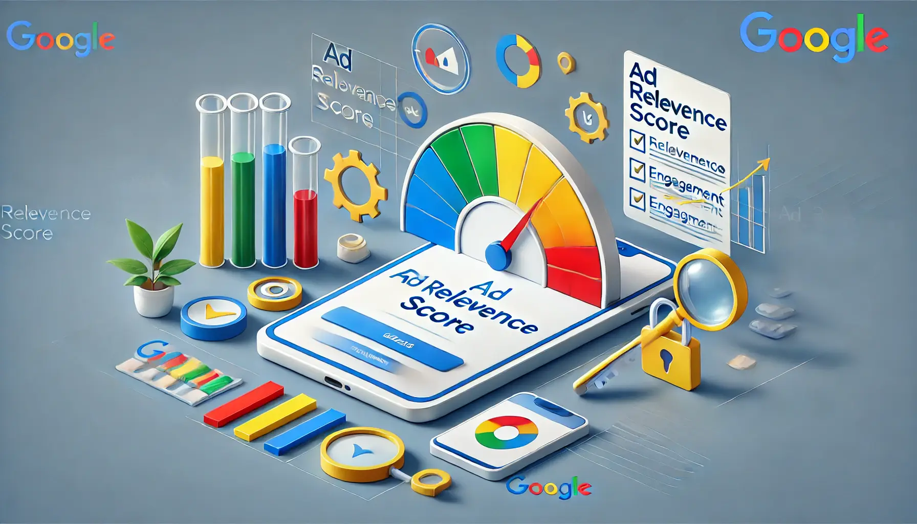 Image illustrating ad relevance score with a score meter, relevance indicators, and engagement metrics.