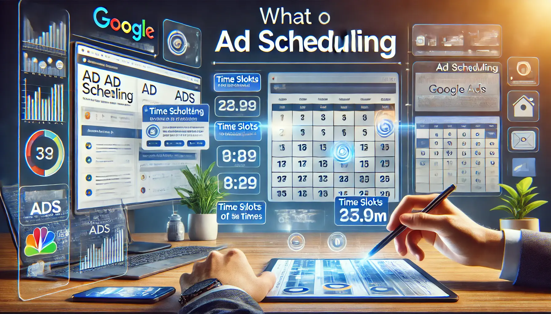 A digital marketing dashboard showing ad time slots and a calendar, with ads being scheduled at different times, representing the concept of ad scheduling in Google Ads.