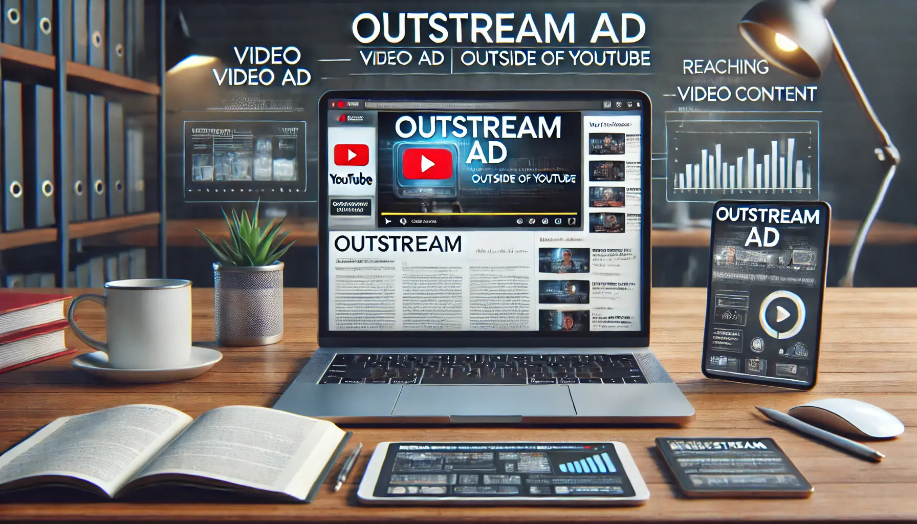 Laptop screen displaying an Outstream ad embedded within a news article in a digital marketing workspace with campaign data on other devices.