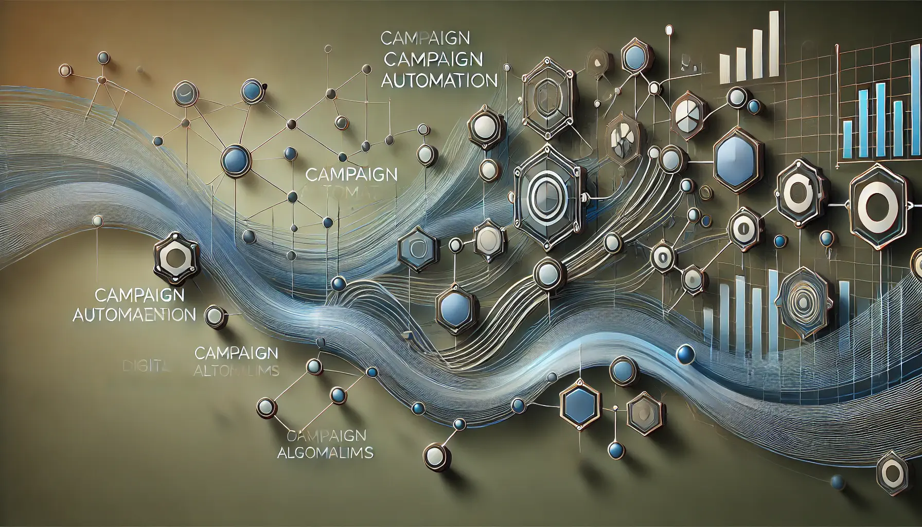 Abstract representation of digital campaign automation with interconnected nodes and flowing pathways depicting machine learning and data algorithms