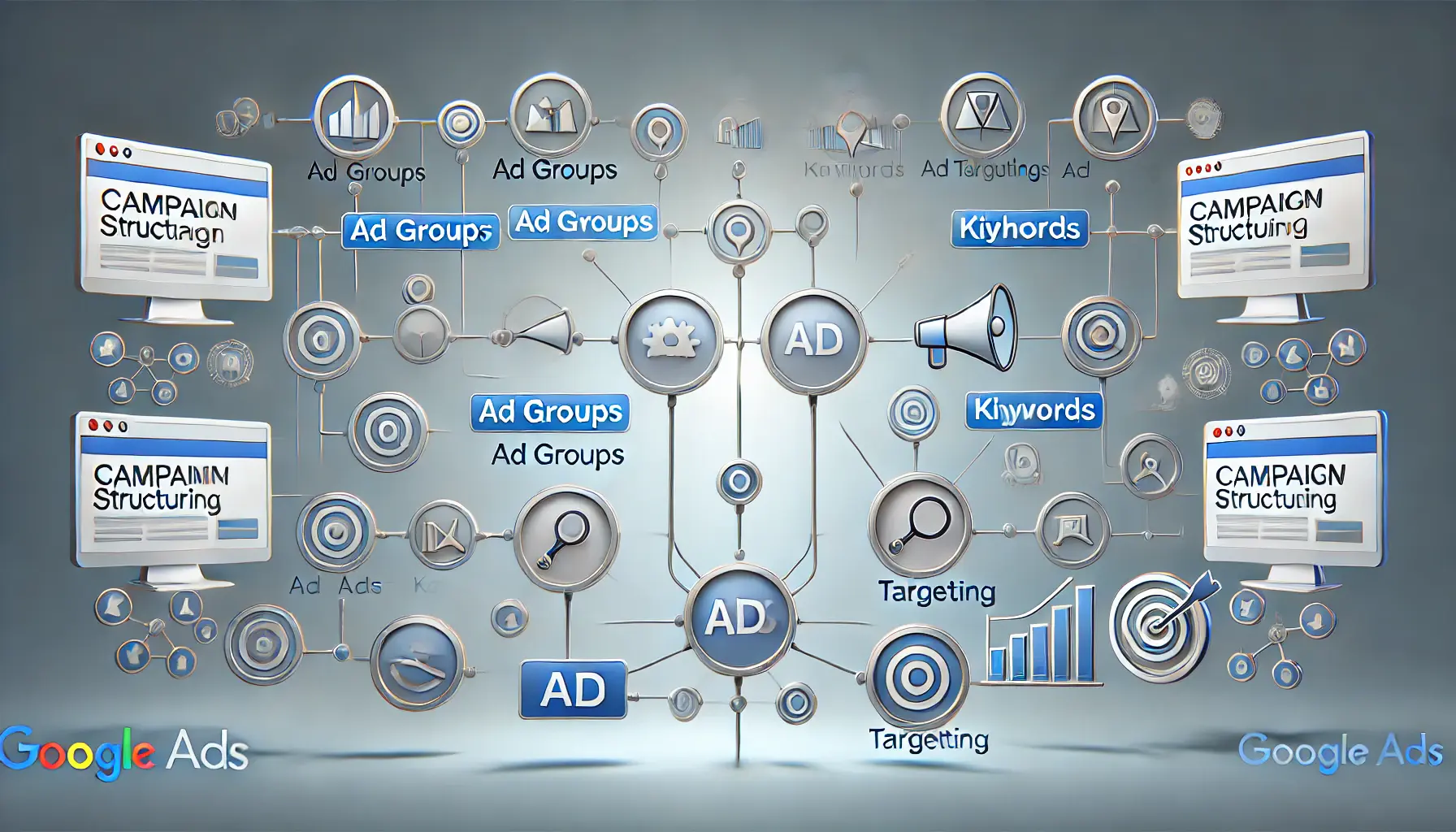 A visual representation of campaign structuring in Google Ads with connected elements like ad groups, keywords, and targeting icons arranged in a logical hierarchy.