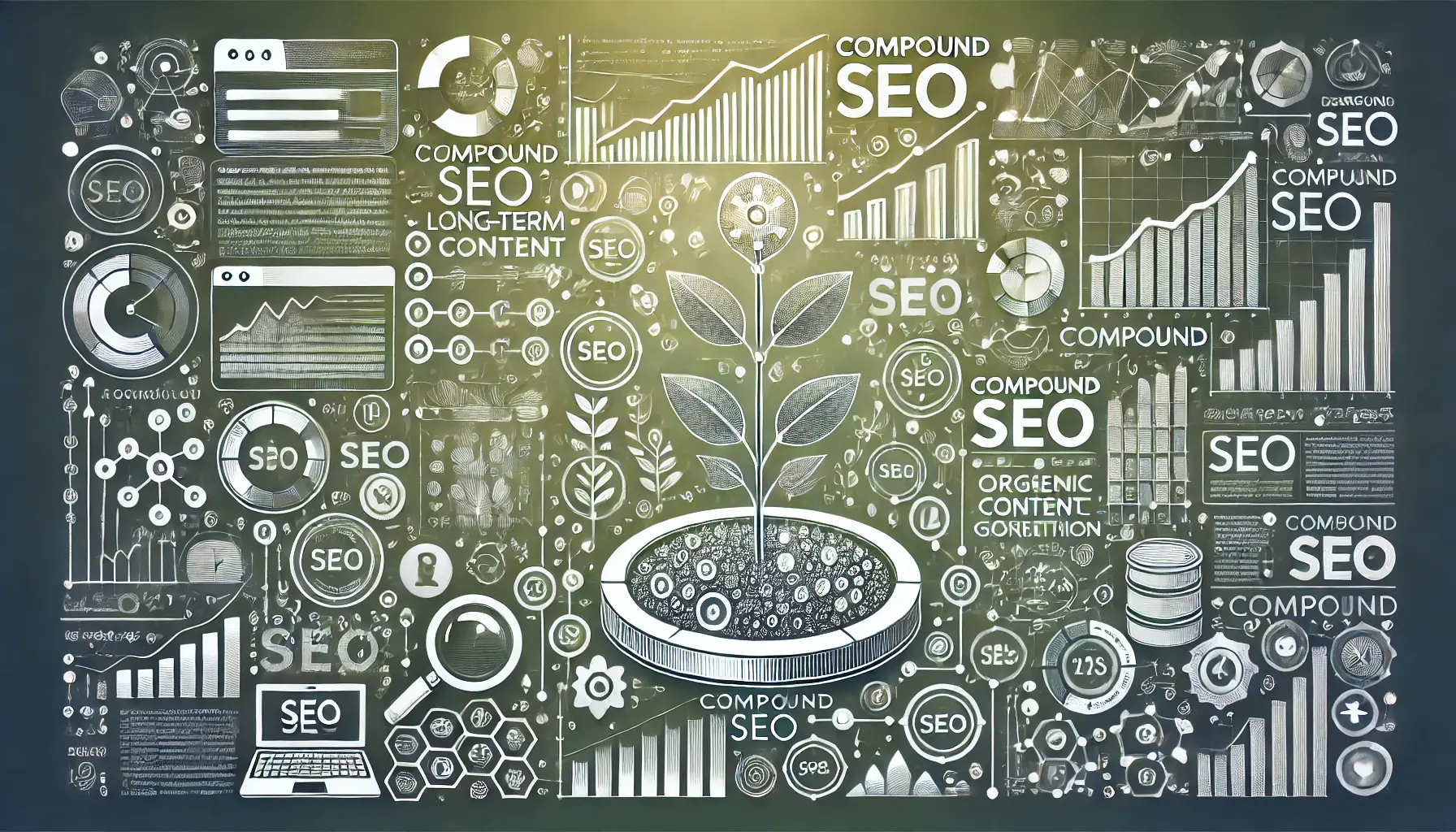 An illustration showing the concept of Compound SEO with evergreen content growth and digital SEO elements.