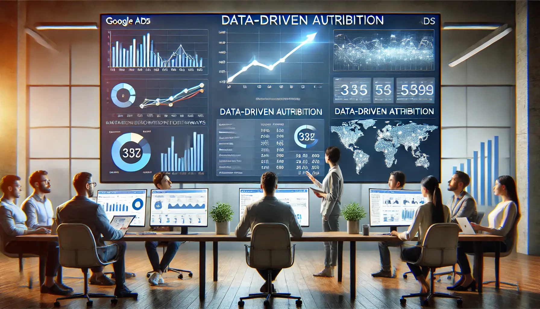 Digital marketing team analyzing a Google Ads dashboard with data-driven attribution charts and metrics on a large monitor.