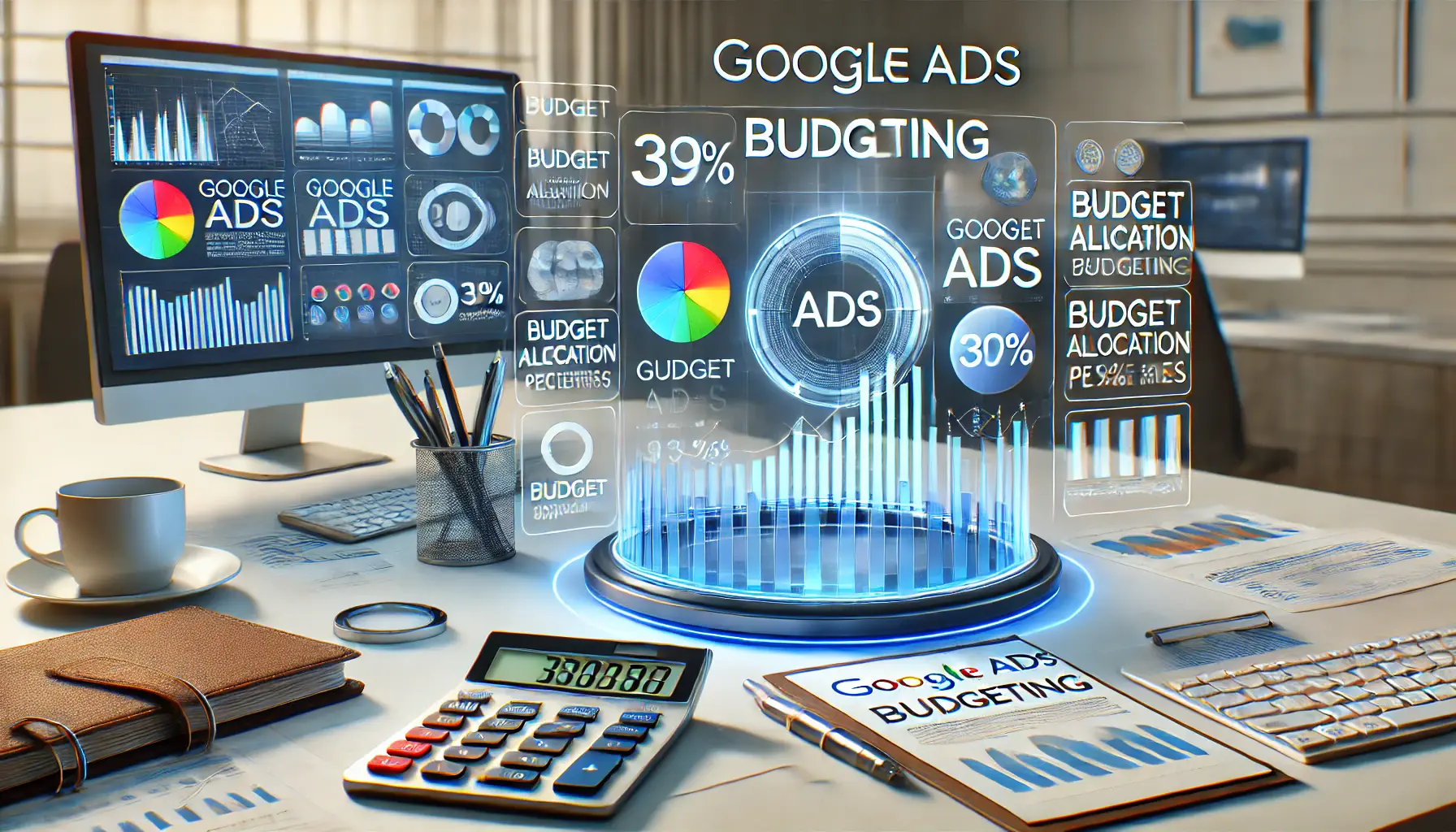 A digital dashboard displaying key metrics related to Google Ads budgeting with charts and graphs.