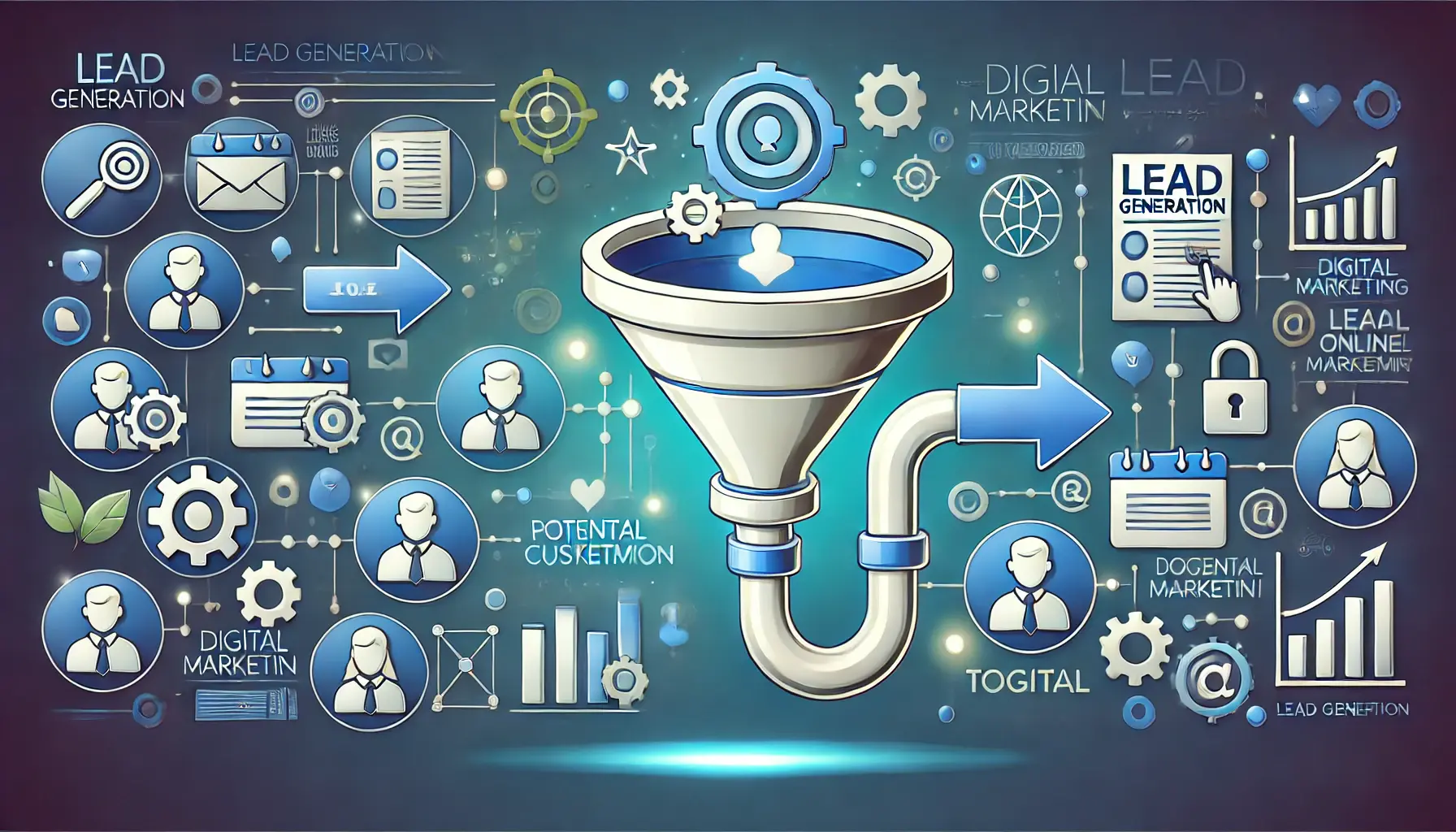 Illustration of lead generation in digital marketing, featuring a funnel and potential customers.