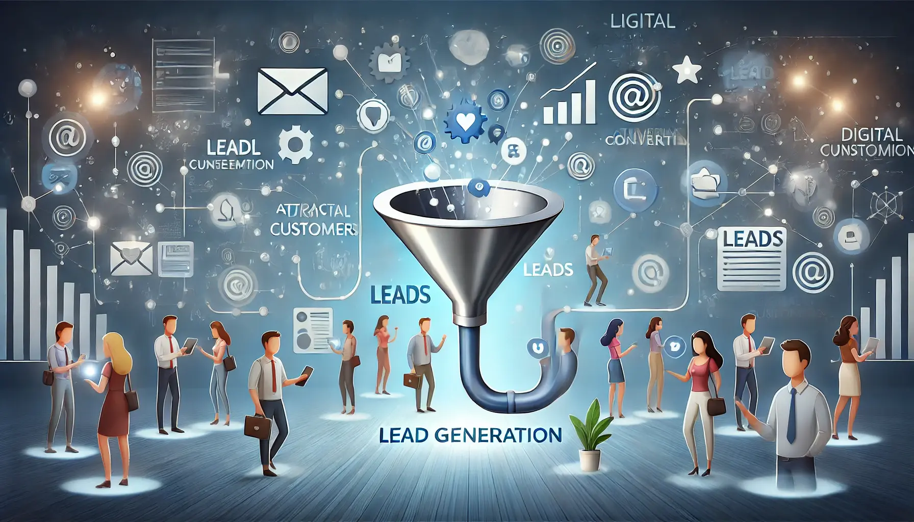 An illustration of lead generation in digital marketing, depicting customer interactions through digital channels and a funnel representing conversion.