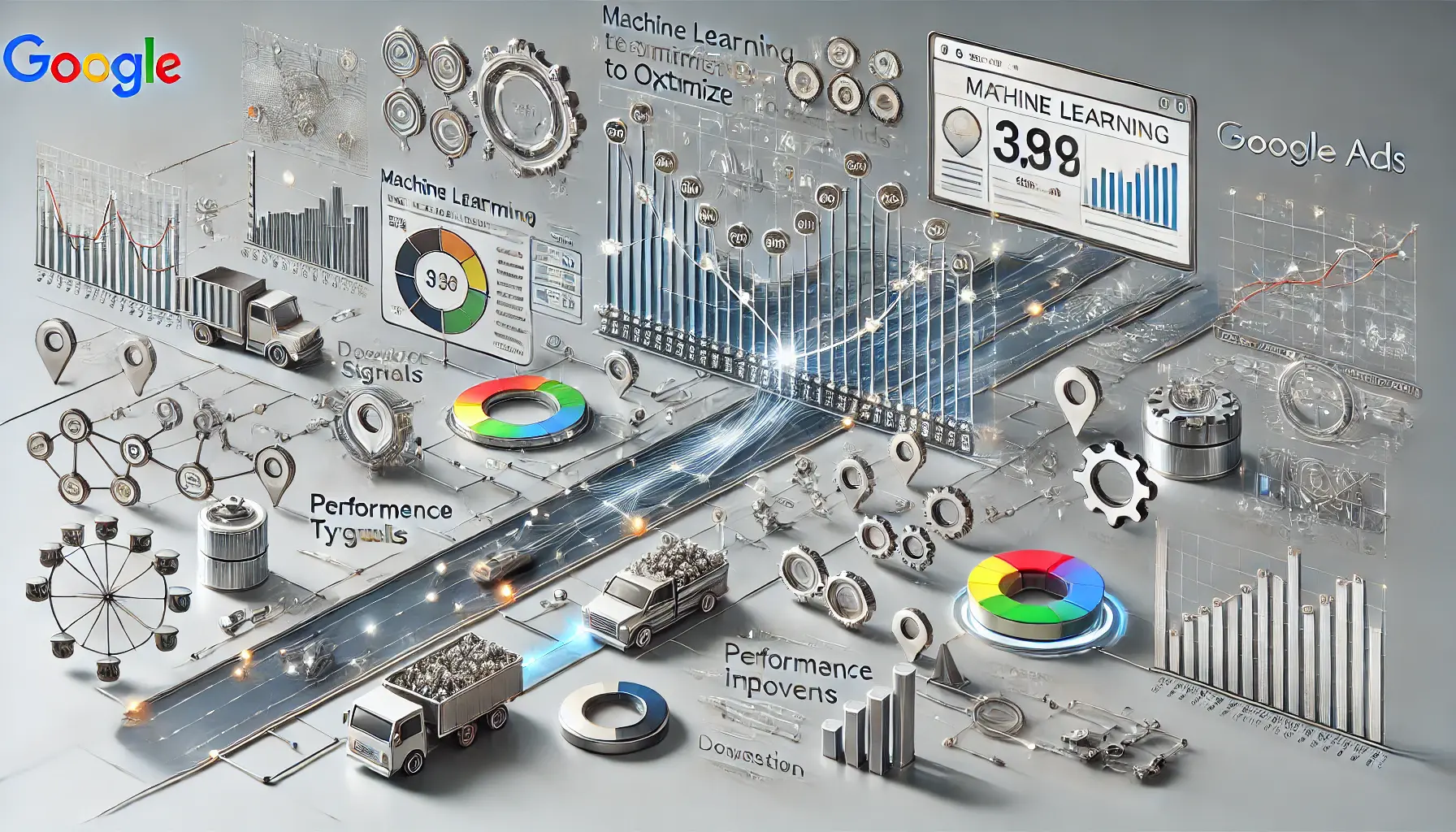 Illustration of automated bidding in Google Ads using machine learning and real-time data optimization.