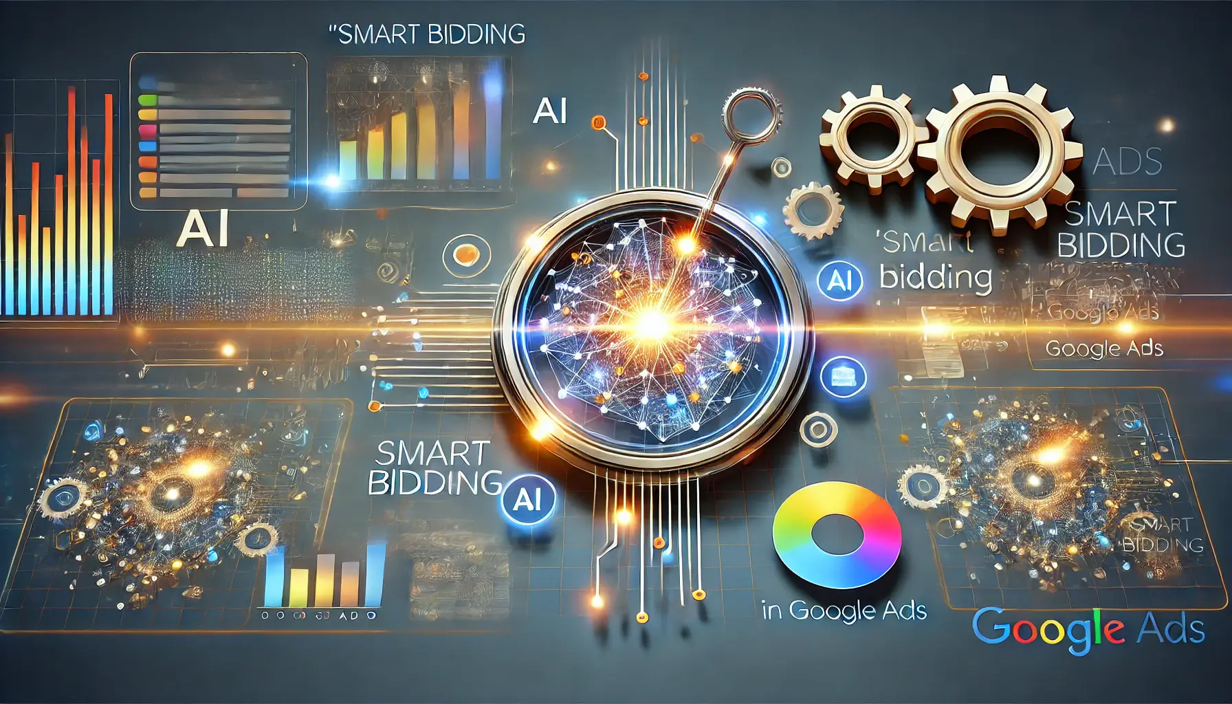 A visualization of Smart Bidding with AI elements, neural networks, gears, and abstract digital components symbolizing machine learning and automation.