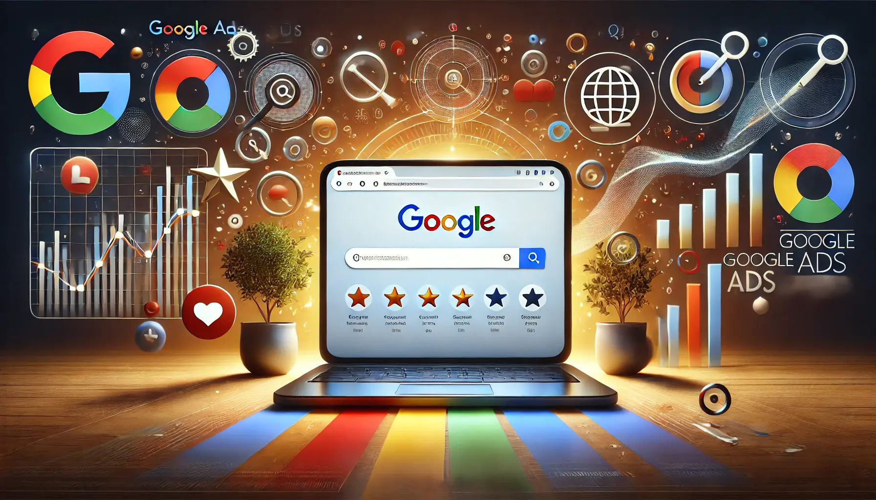 Digital marketing concept depicting the consideration stage with a laptop showing a Google search or product comparison surrounded by decision-making visuals like charts and review icons.