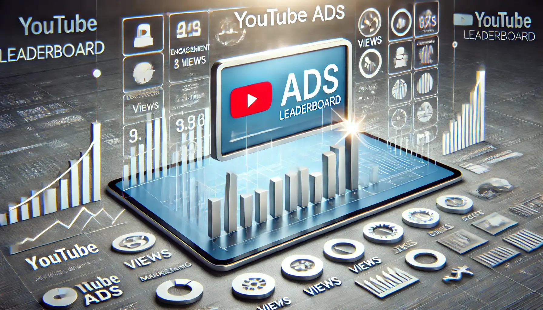 Image representing the YouTube Ads Leaderboard concept, with a prominent ad and analytics icons.