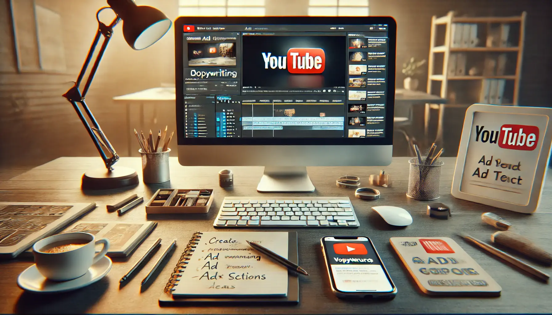 A workspace featuring a computer displaying a YouTube video editing dashboard, with tools like a notepad and smartphone nearby.