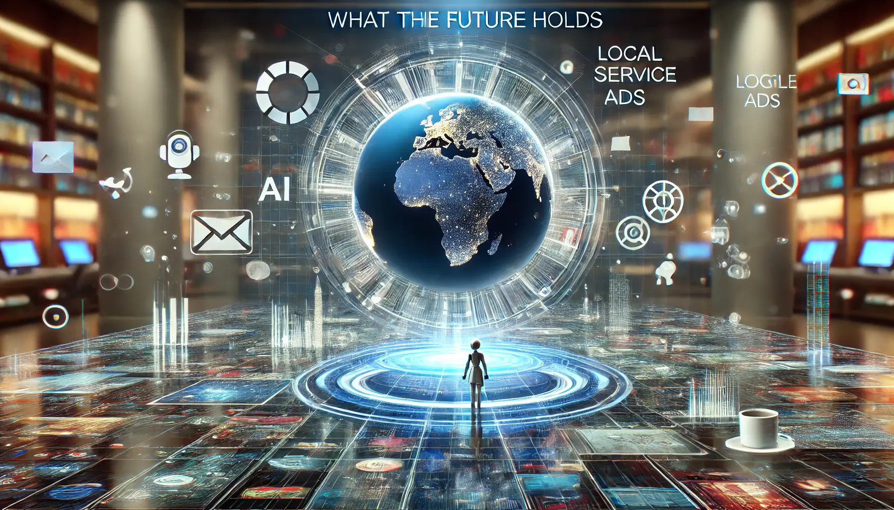 An image showing a futuristic digital advertising environment with AI integration, voice search, and global connectivity, representing the future growth of Local Service Ads in Google's advertising landscape.