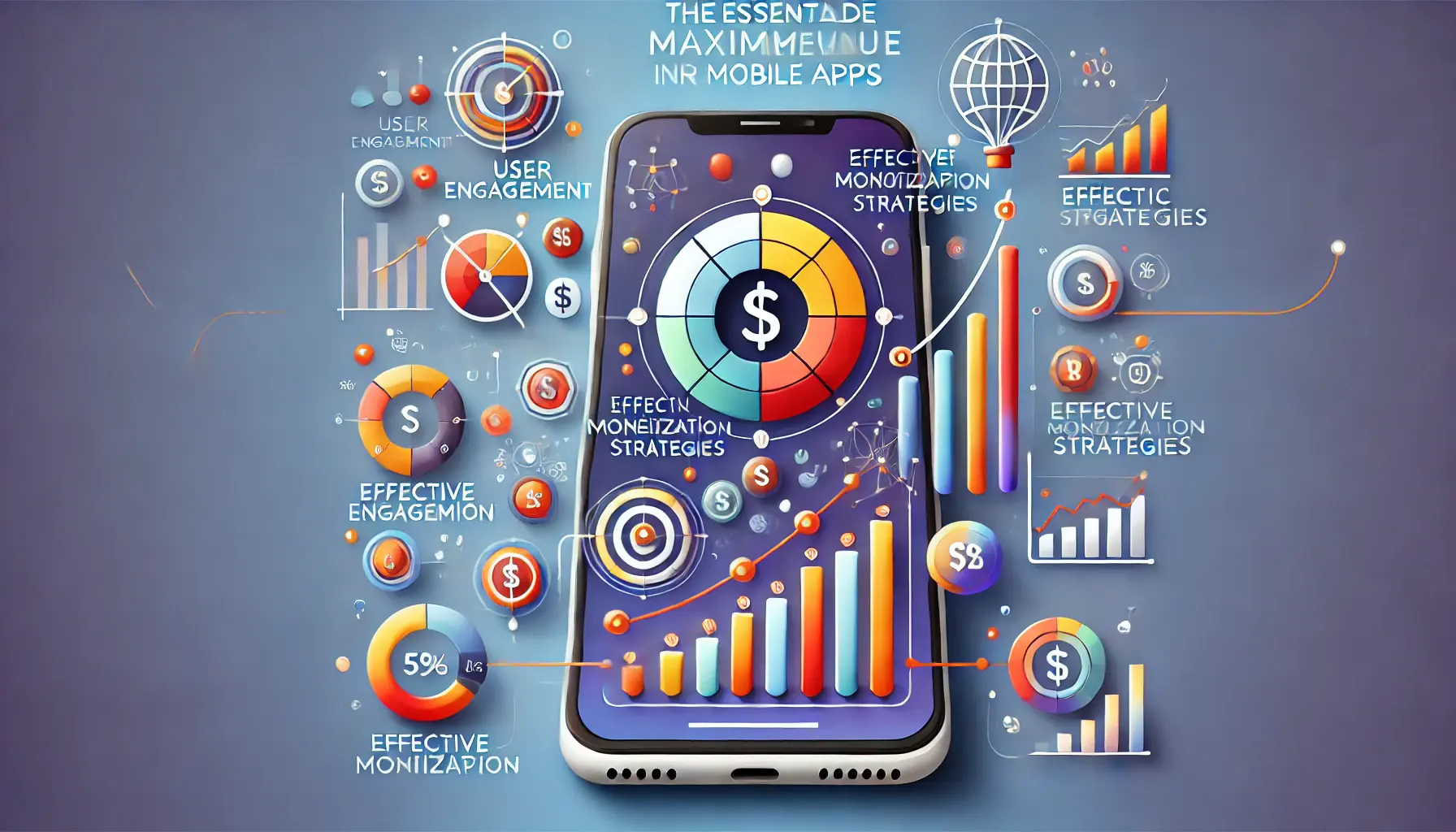 Digital illustration of a mobile device displaying elements symbolizing key factors for revenue optimization, such as user engagement, monetization strategies, and data insights.