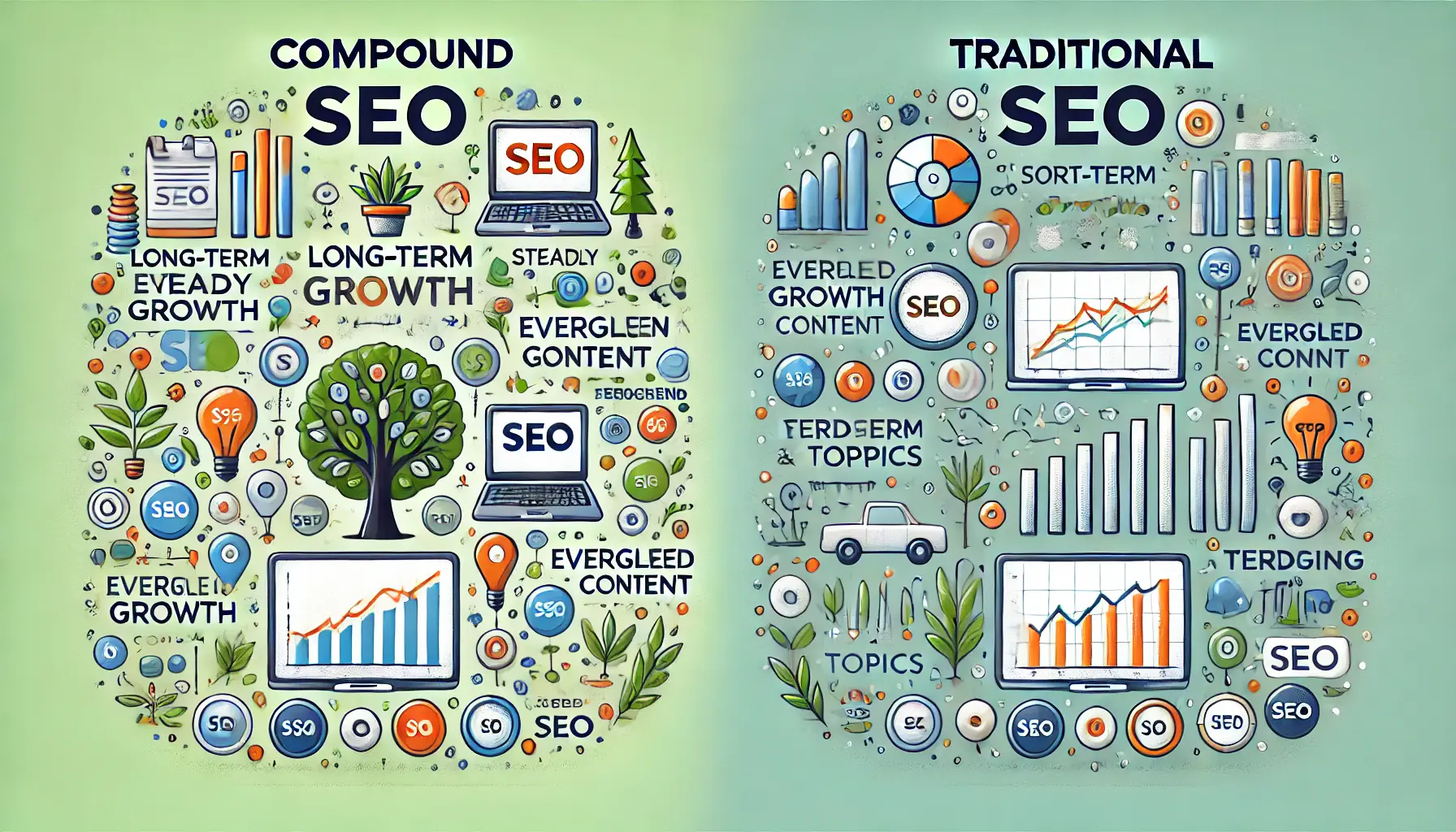 An illustration contrasting Compound SEO with steady growth and Traditional SEO with short-term traffic spikes.