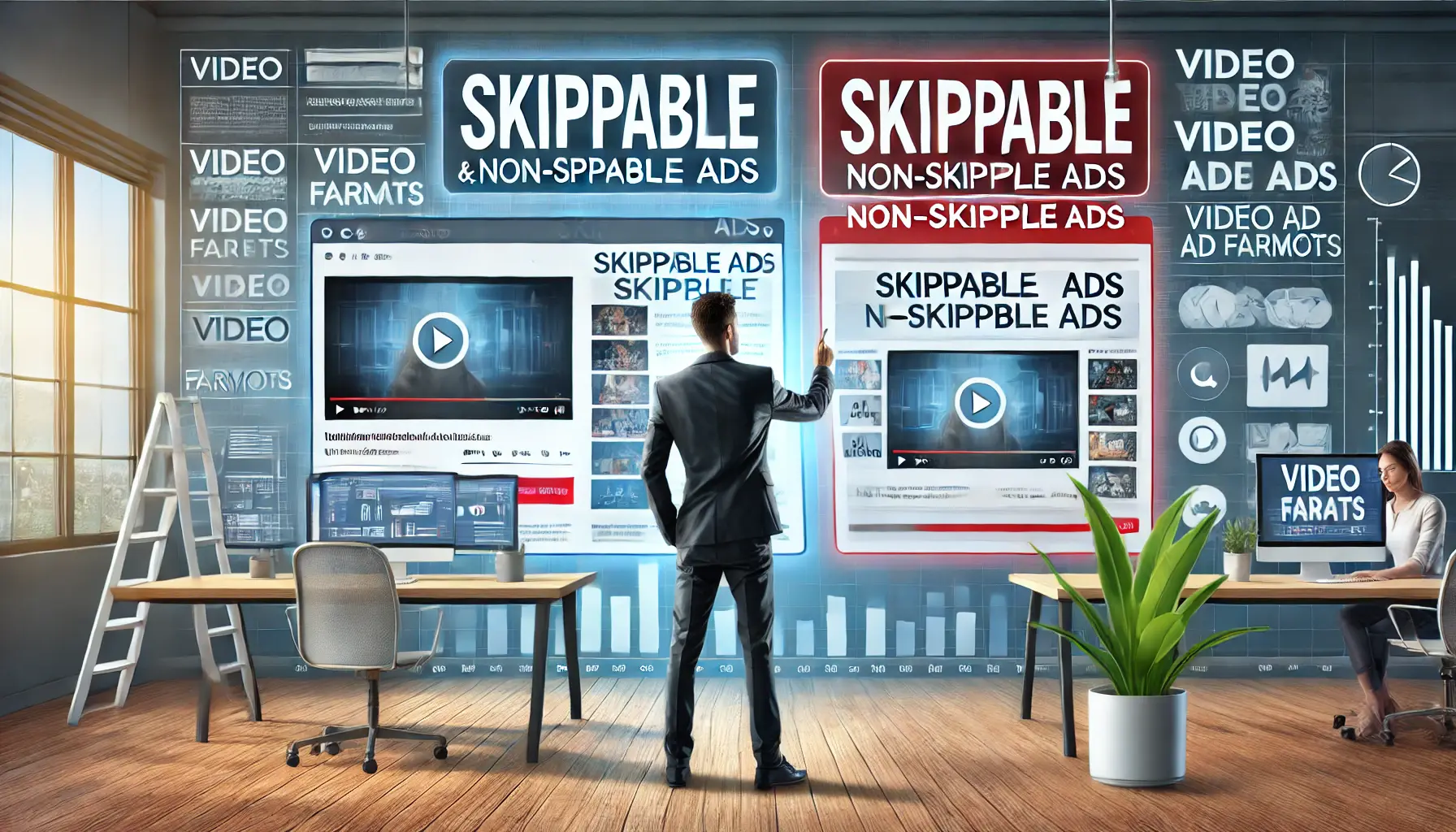 Marketing professional analyzing video ad formats on a computer screen with a split view of skippable and non-skippable ads in a modern office.