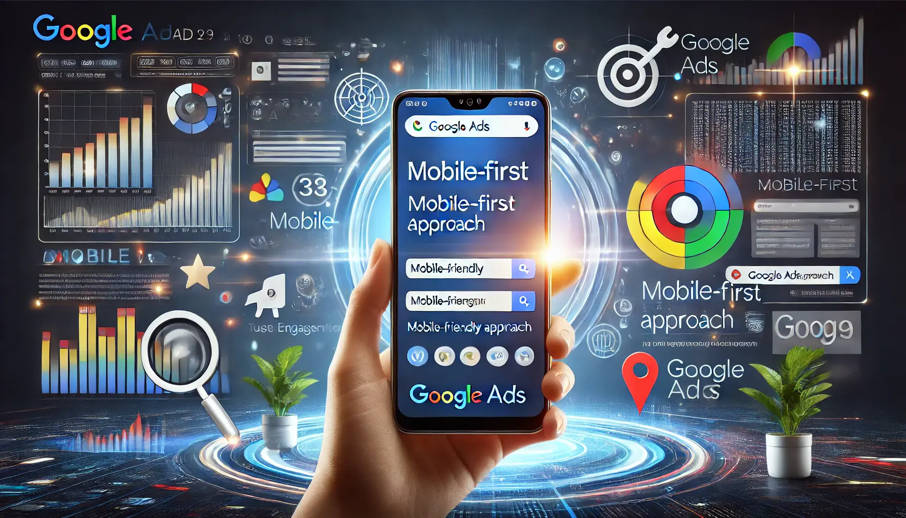 A smartphone displaying mobile-friendly ad banners, buttons, and search results with symbols of engagement and targeting surrounding it, representing the mobile-first approach