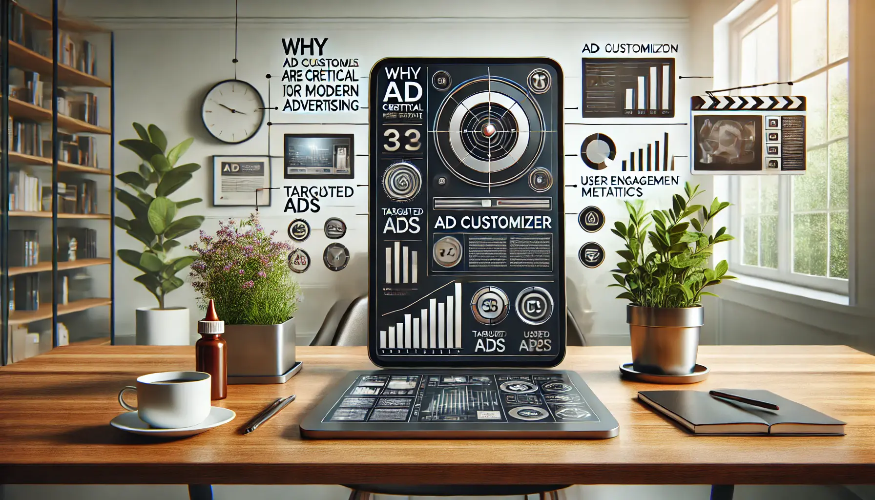 A digital workspace showcasing the significance of ad customizers with elements like targeted ads, user engagement metrics, and various ad formats.