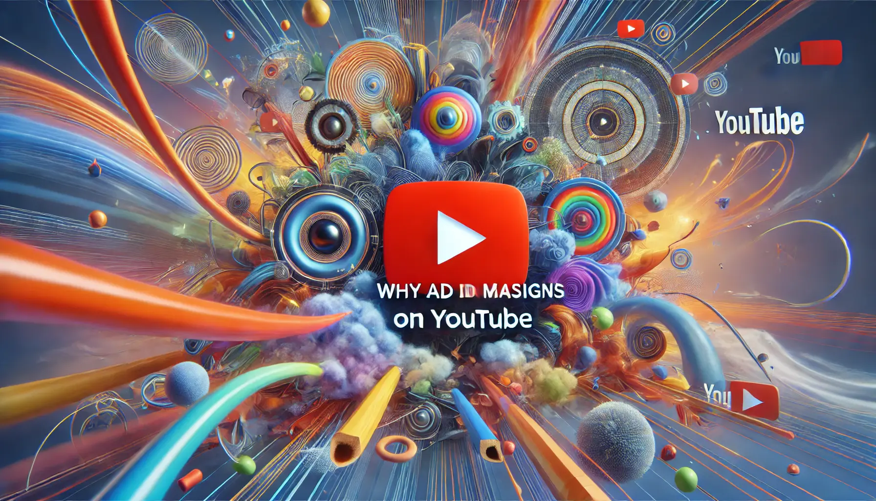 An image illustrating the significance of engaging ad design on YouTube, with vibrant colors and abstract video media motifs representing online engagement and attention-capturing visuals.