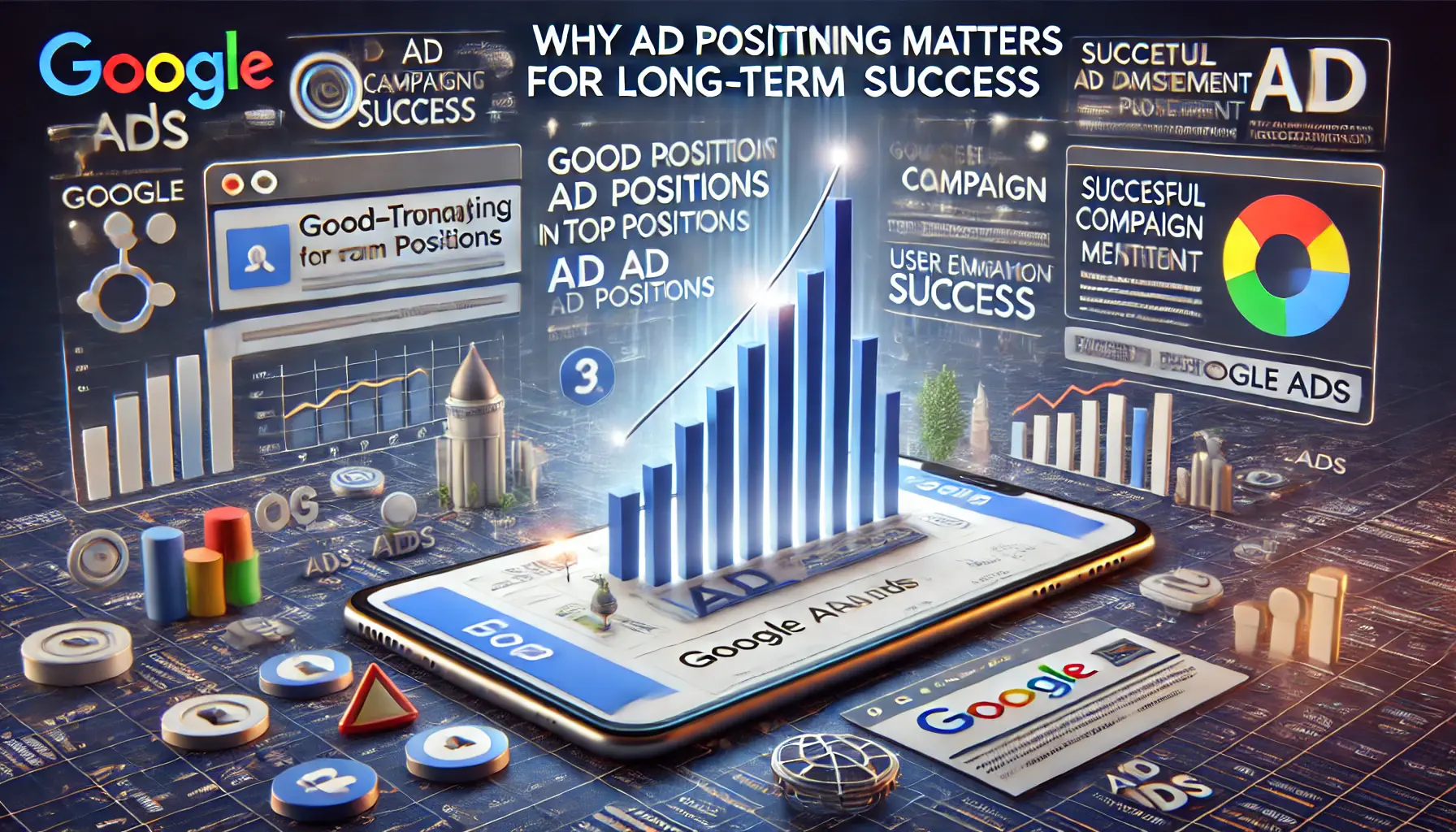 A realistic illustration depicting why ad positioning matters for long-term success in Google Ads, featuring a search engine results page (SERP) with ads in top positions.