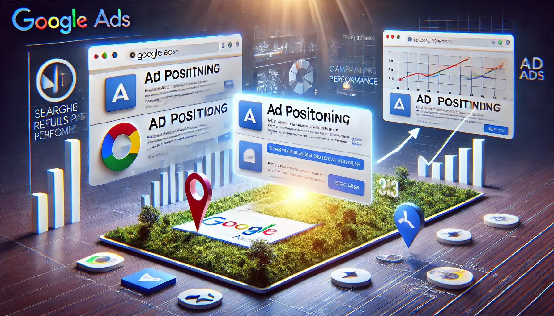 A realistic illustration highlighting the importance of ad positioning to campaign performance in Google Ads, featuring a search engine results page (SERP) with ads in varying positions and visual elements indicating traffic and conversions.