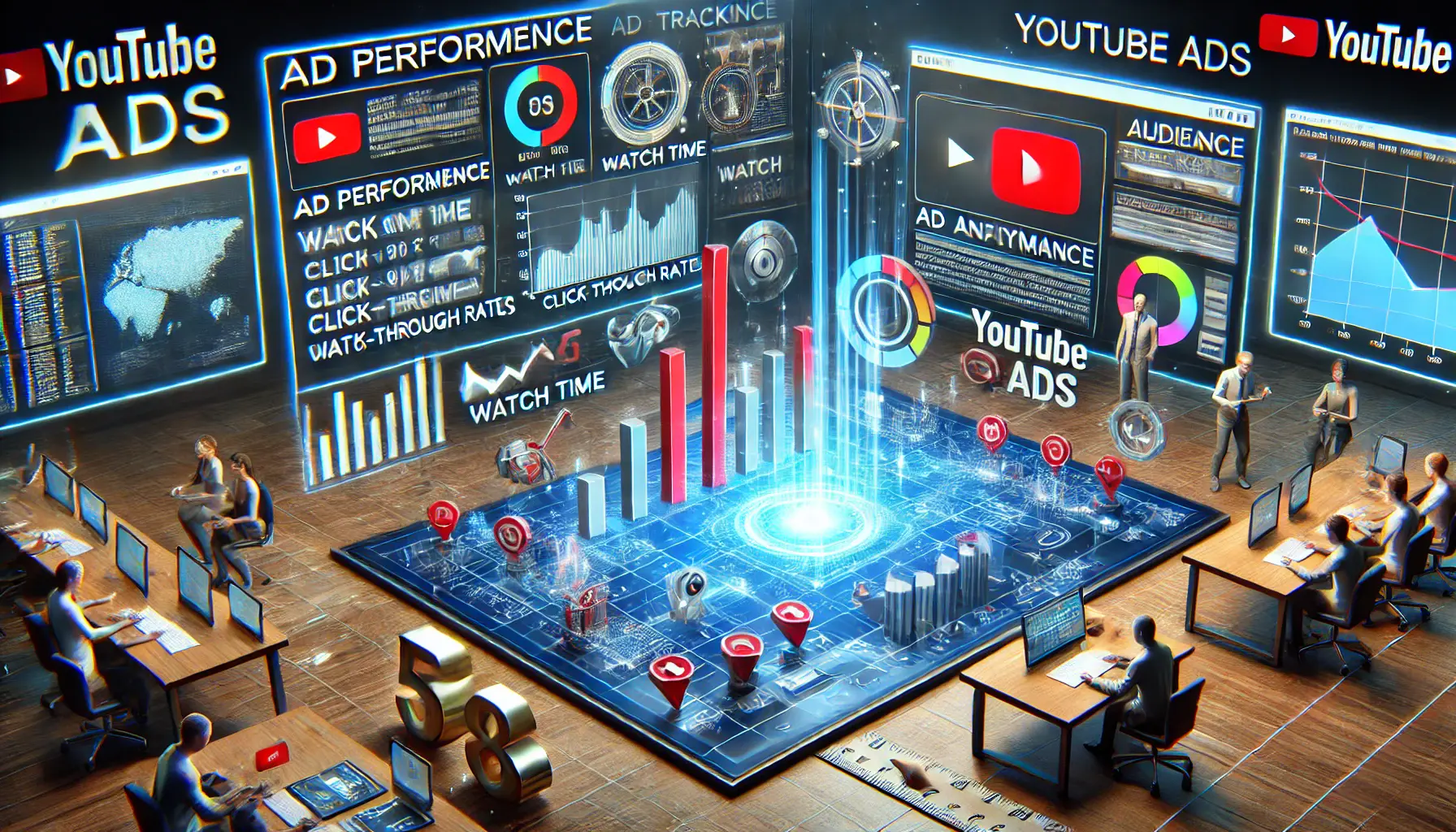 An illustration of why analytics are crucial for YouTube ads success, featuring performance tracking, key metrics like watch time and click-through rates, and data-driven decision-making.