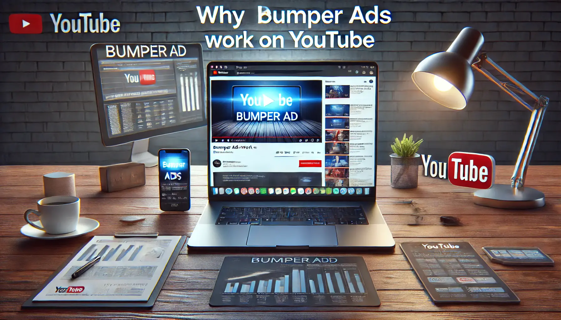 Laptop screen showing a YouTube bumper ad playing in a digital marketing workspace with campaign analytics on other devices.