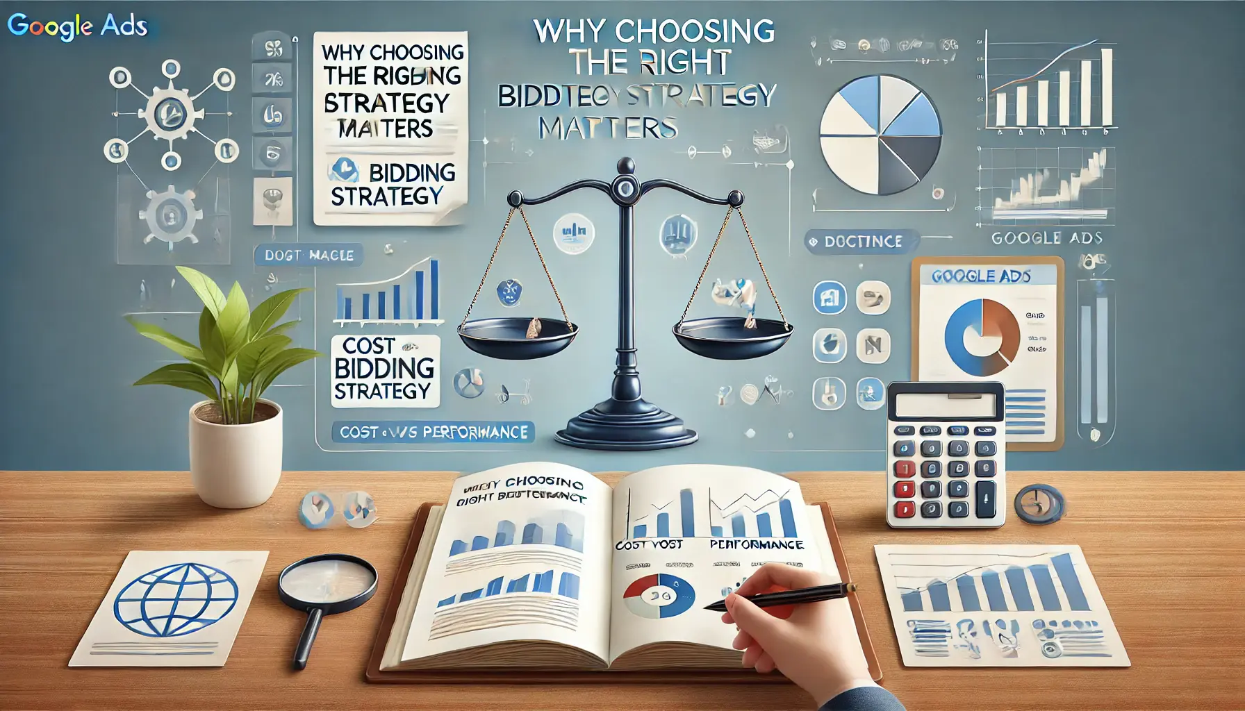 Visual representation of the decision-making process for choosing the right bidding strategy, featuring a balance scale weighing cost versus performance and digital analytics tools.