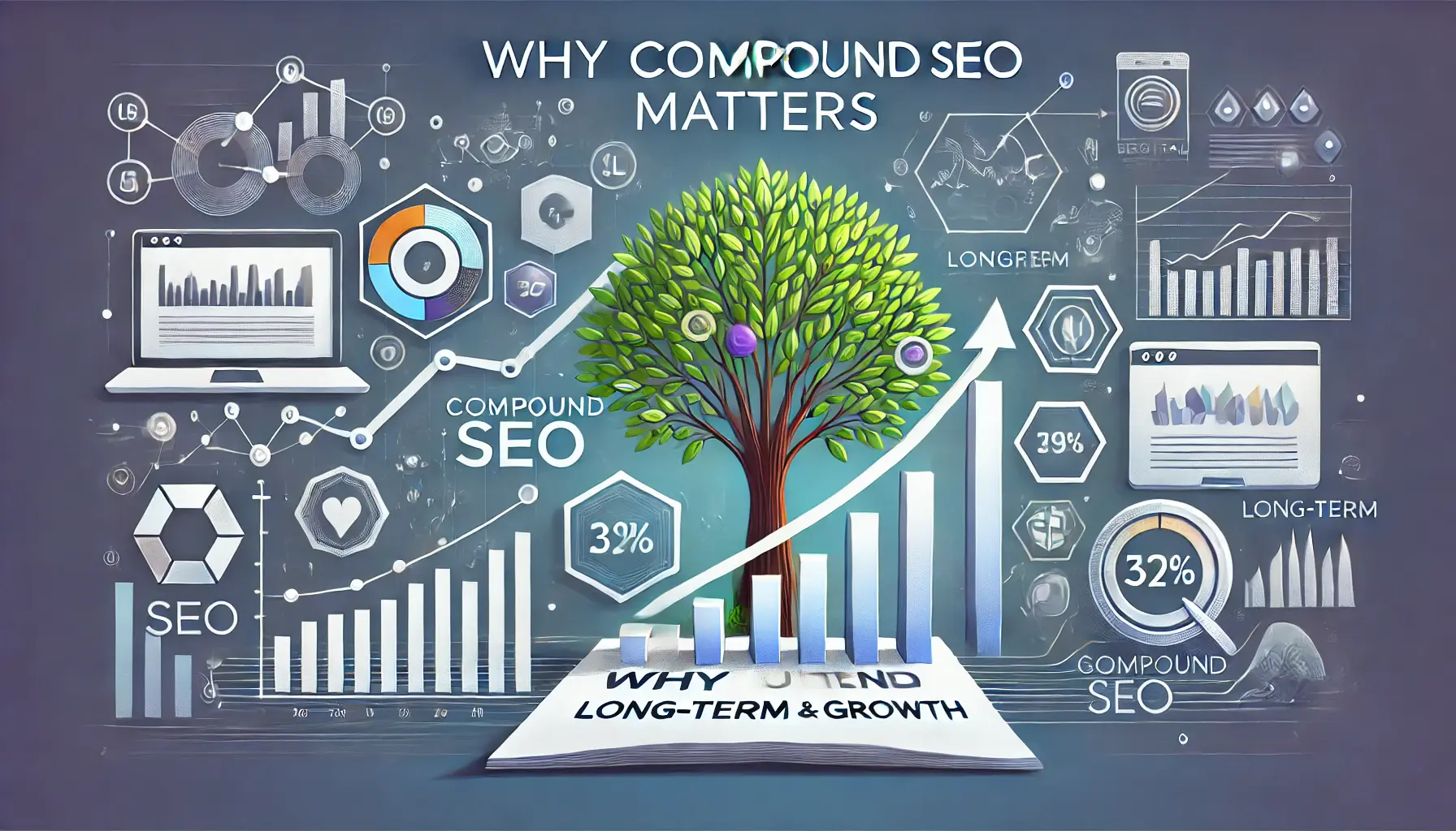 An illustration showing long-term value and growth with a growing tree and upward-trending graphs, symbolizing the importance of Compound SEO.