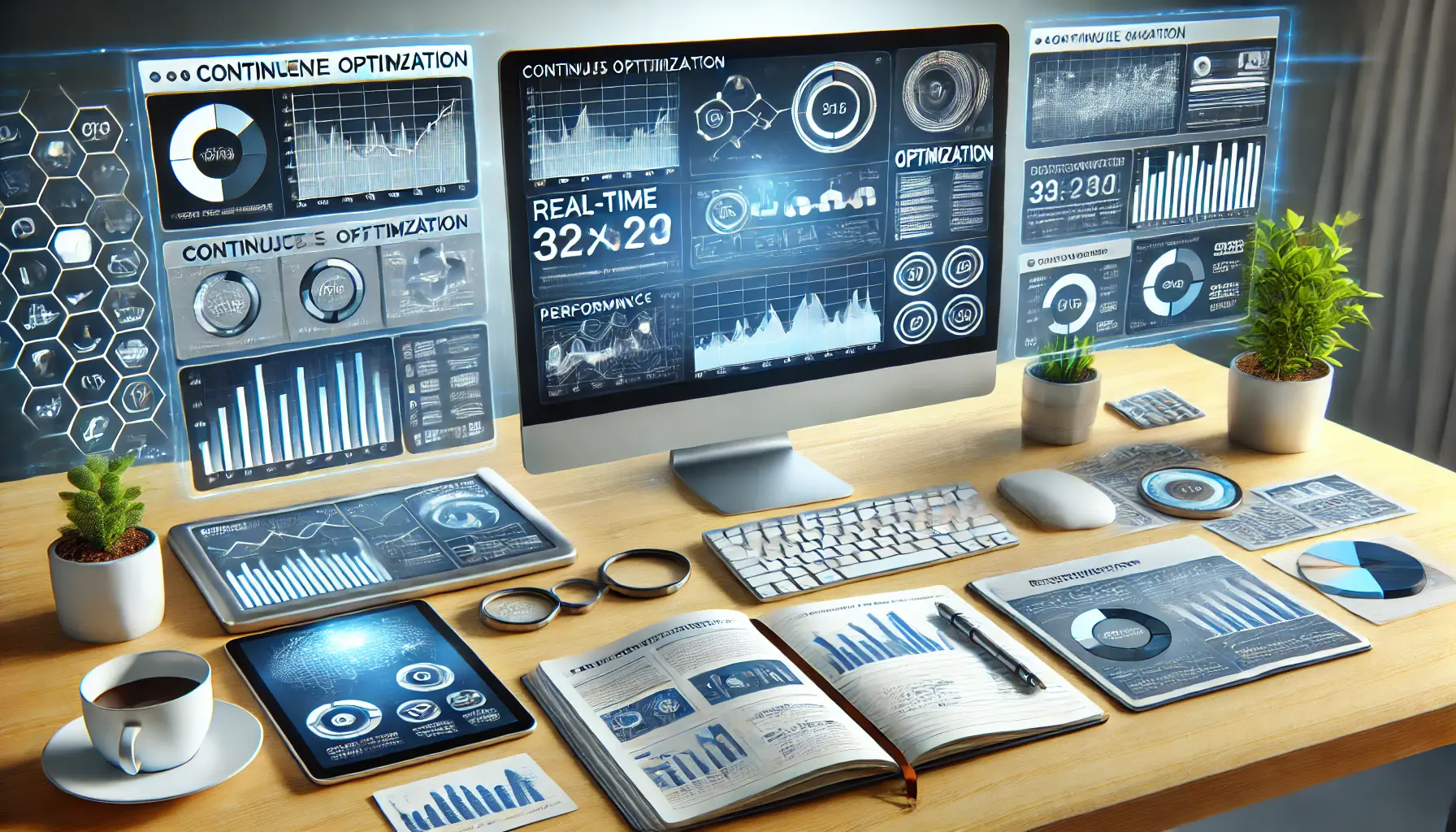 Professional workspace with computer screen displaying analytics dashboards for continuous optimization in advertising.