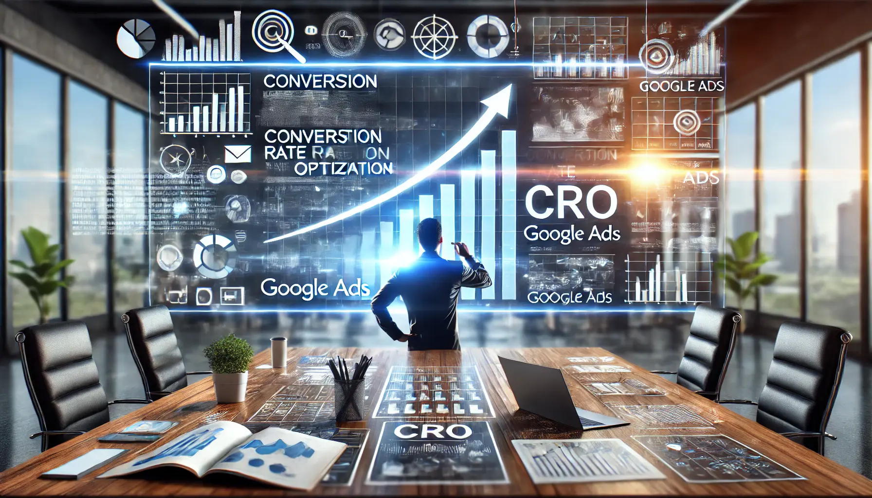 A digital marketing professional analyzing conversion data on a large screen, emphasizing the importance of Conversion Rate Optimization.