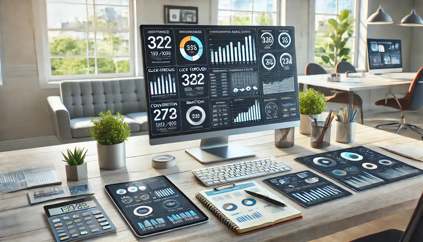 Professional workspace with analytics dashboard showing performance metrics and KPIs, emphasizing data analysis.