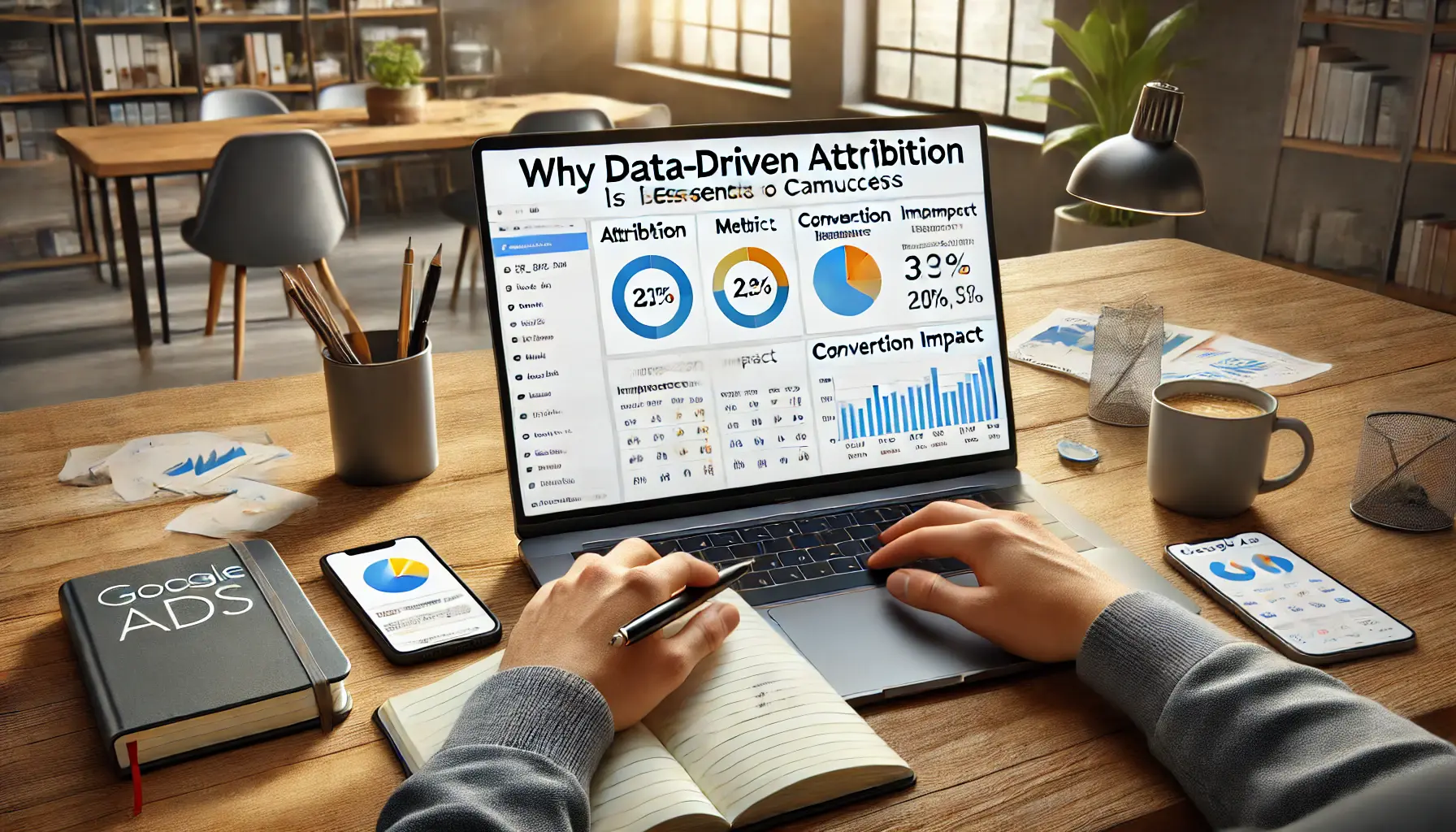 Digital marketer analyzing data-driven attribution metrics on a Google Ads dashboard to understand its importance for campaign success.