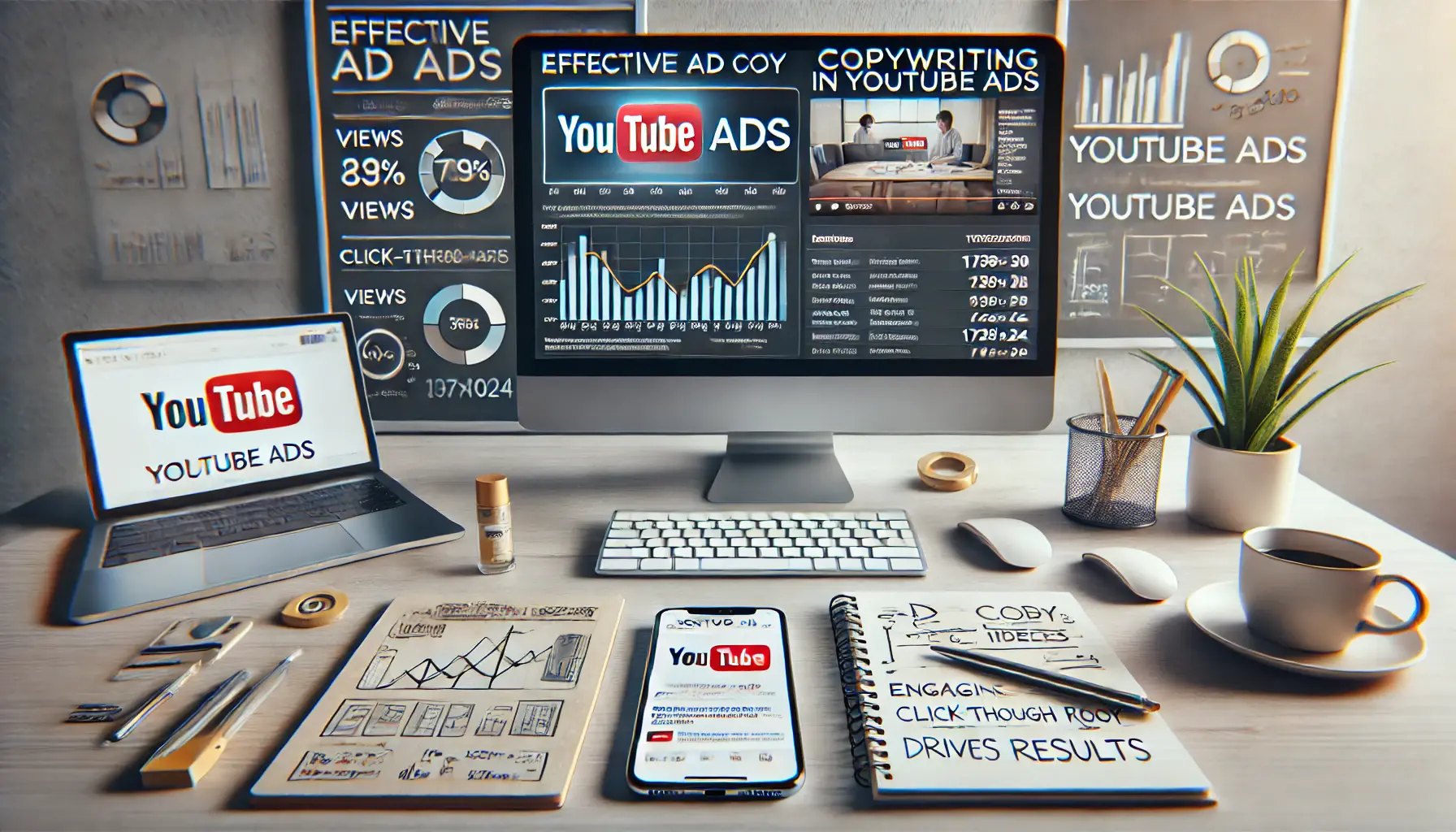 A digital marketer's workspace displaying YouTube ad analytics on a computer screen with ad copy notes nearby.