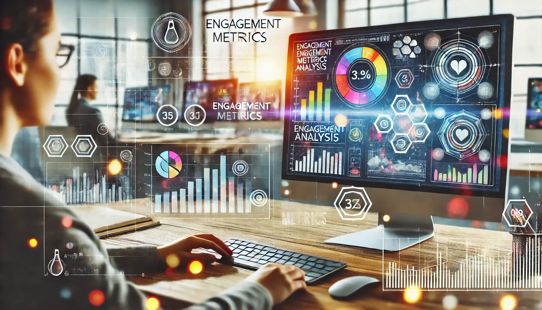 Data analyst working on a computer with colorful charts and graphs on the screen in a modern office, representing the importance of engagement metrics in digital marketing.