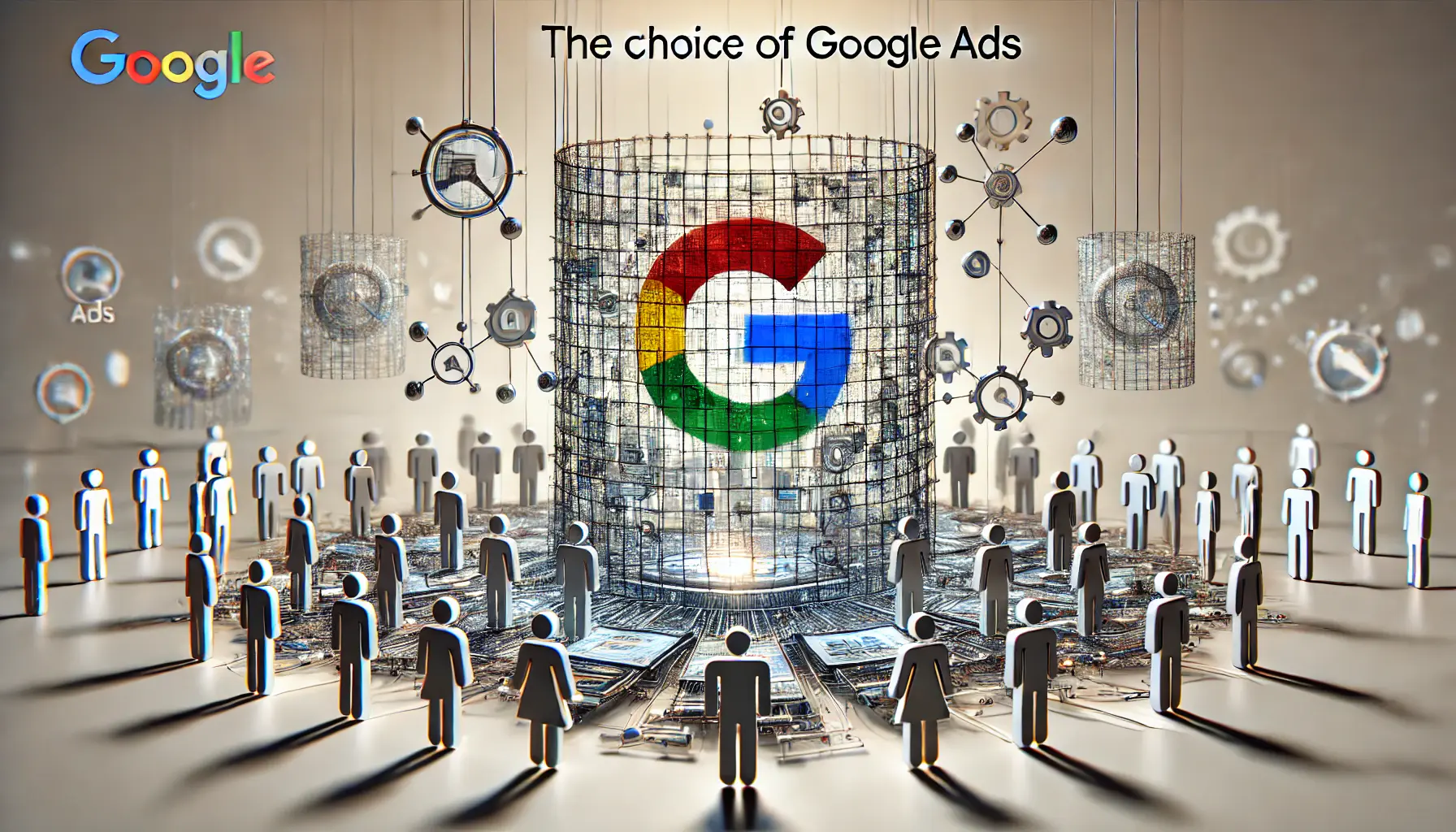 Abstract representation of Google Ads' data reach and automation capabilities with interconnected nodes and a central focal point symbolizing networked advertising solutions