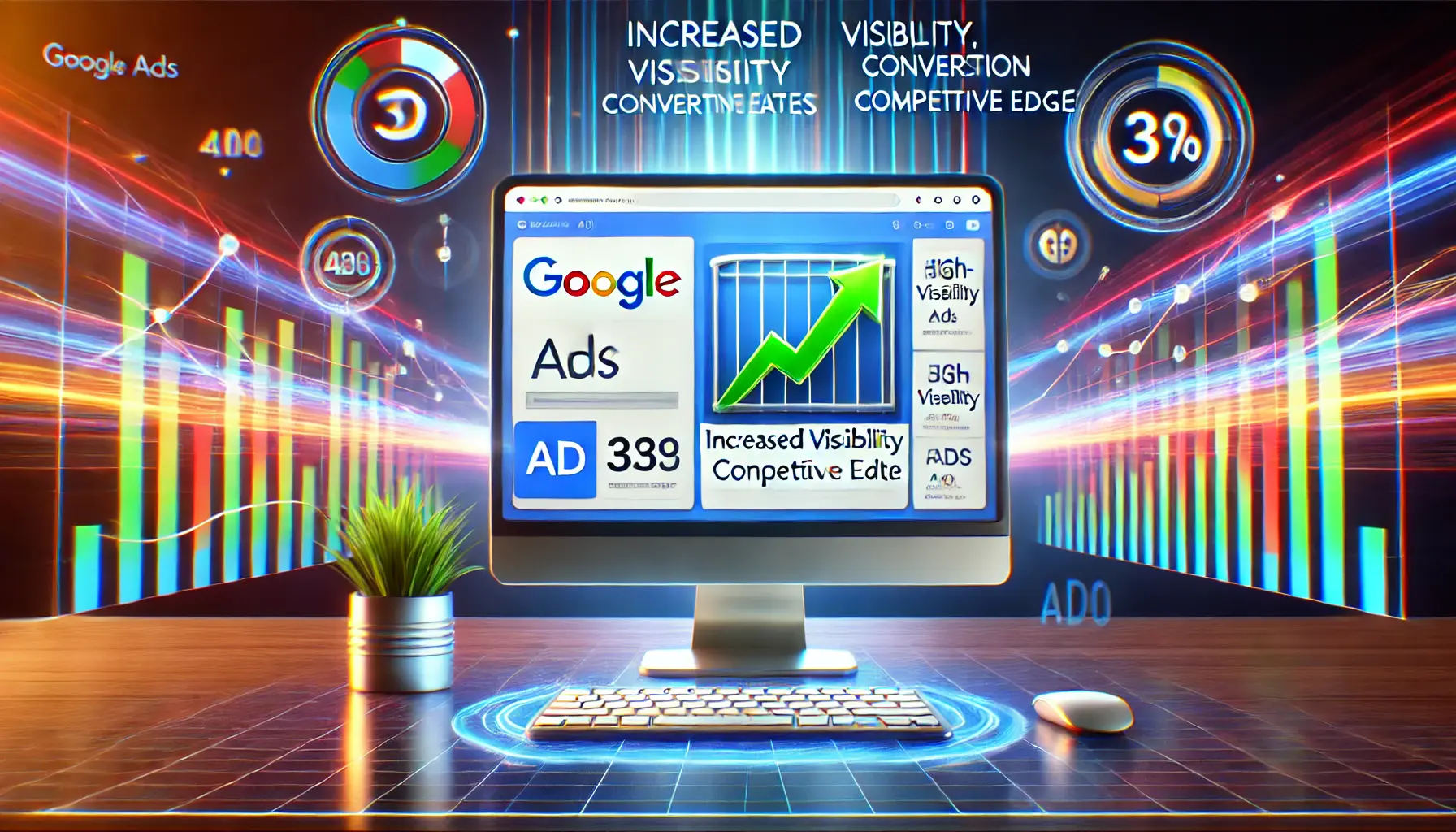 A computer screen showing a Google Ads dashboard with high-visibility ads prominently placed on a search engine results page, surrounded by symbols of increased visibility and conversions.