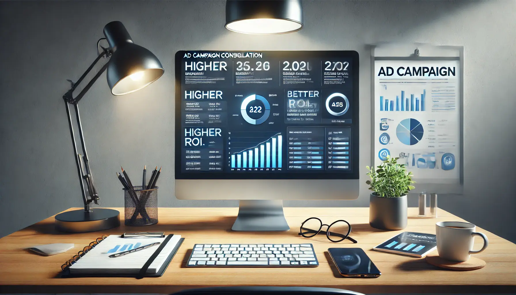 A clean digital marketing workspace with a computer displaying improved ad performance metrics, symbolizing the benefits of ad campaign consolidation, including better budget allocation and higher ROI.