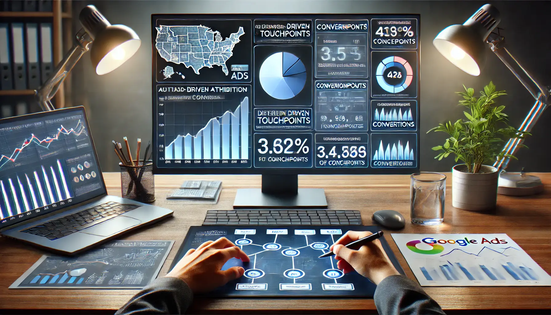 Digital marketing professional analyzing a Google Ads dashboard with attribution metrics and conversion path visuals.