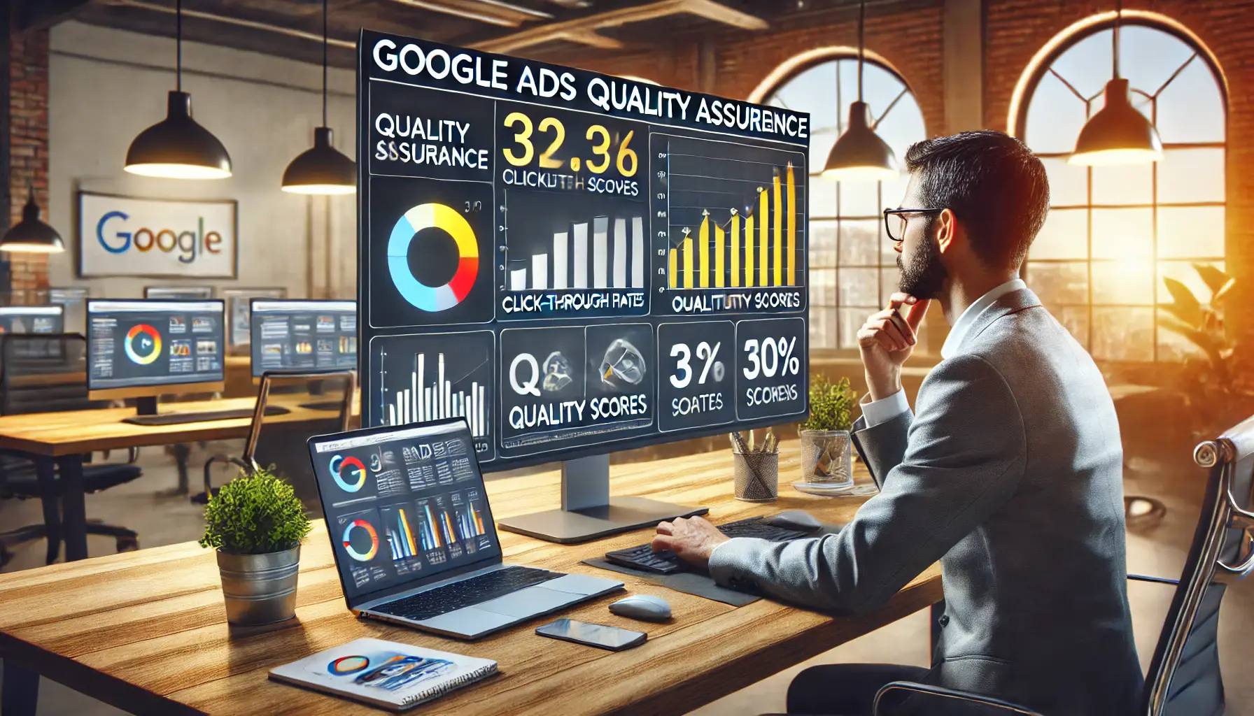 A digital marketing workspace where a professional is analyzing Google Ads performance data on a large screen, focusing on metrics like click-through rates, quality scores, and conversion rates.