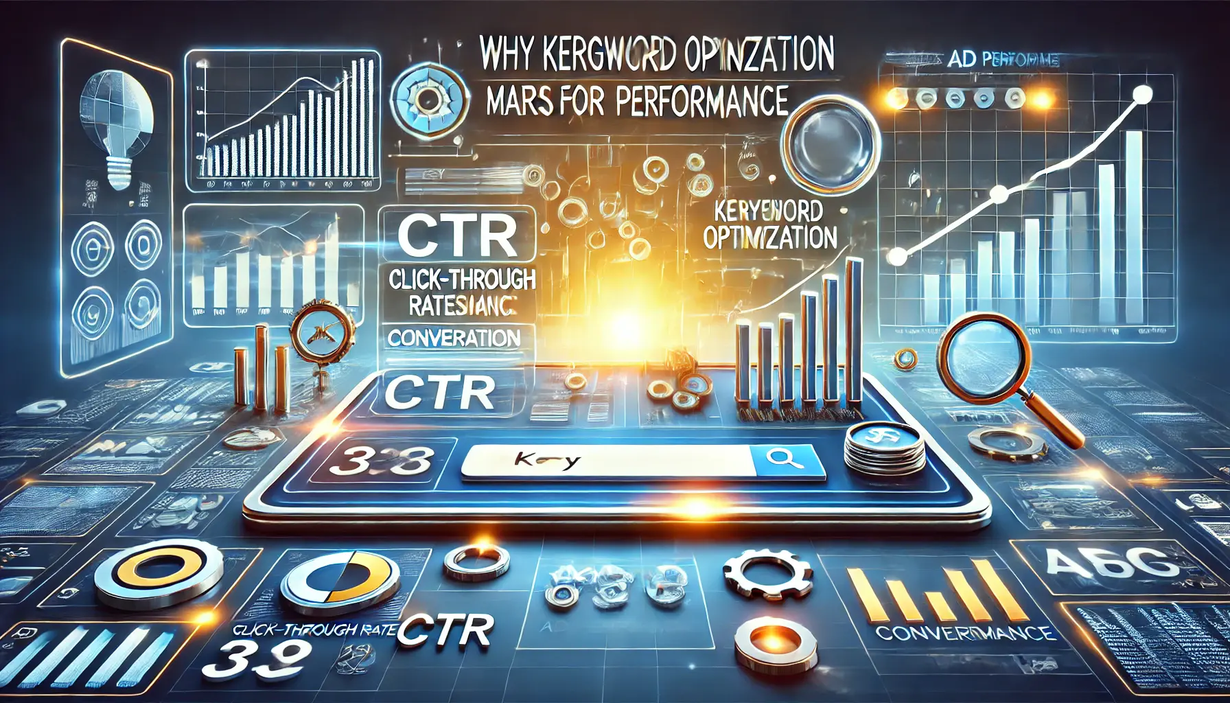 A digital marketing dashboard showing performance metrics related to keyword optimization.