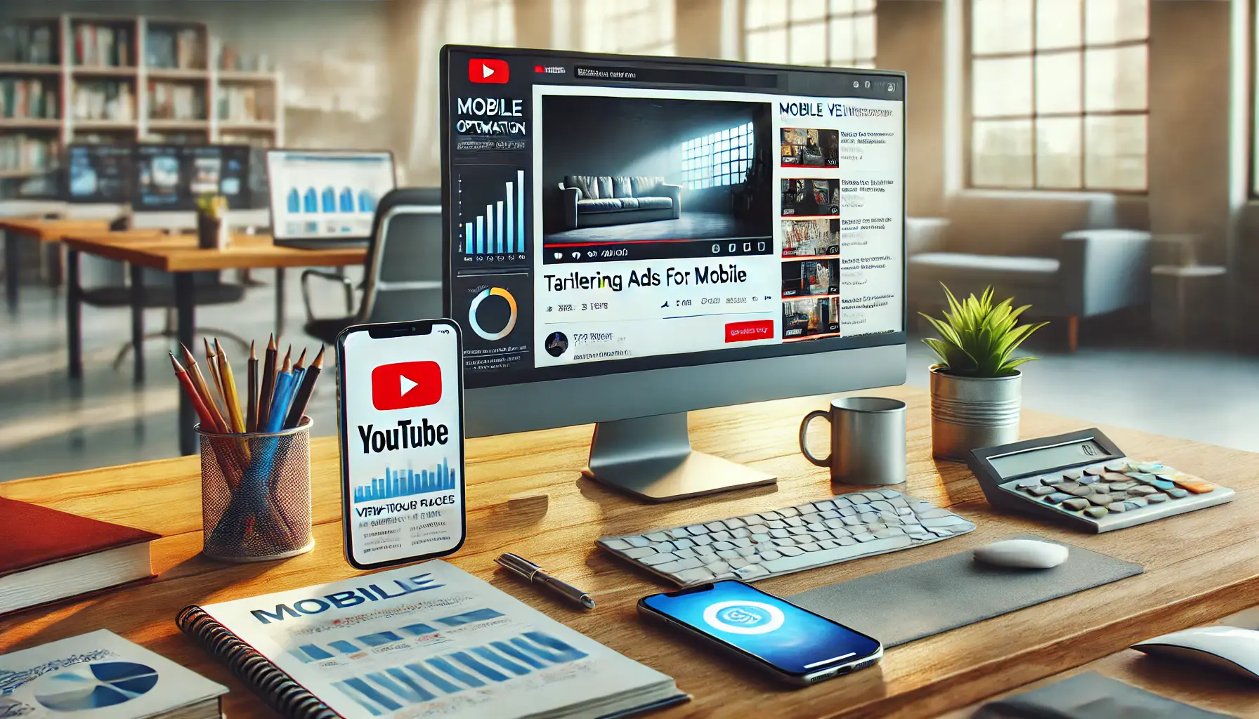 Professional workspace with computer showing mobile analytics and a smartphone displaying a YouTube ad.