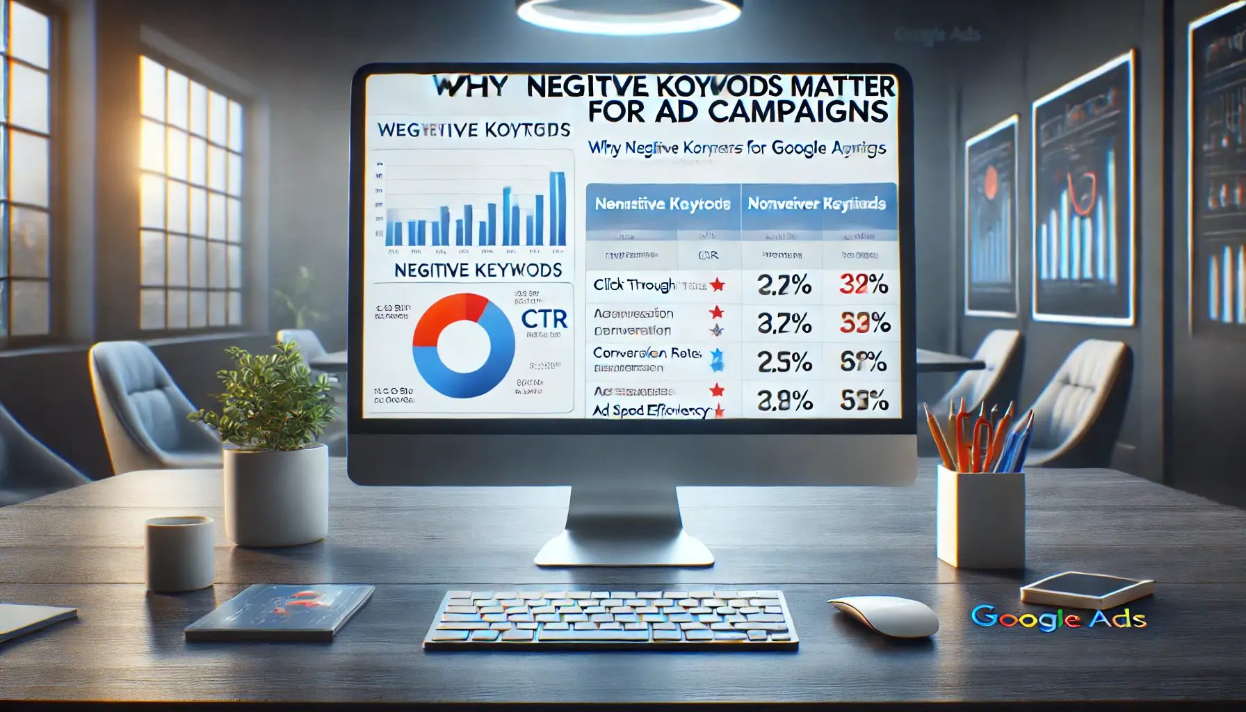 Digital advertising dashboard showing campaign performance improvements through the use of negative keywords.