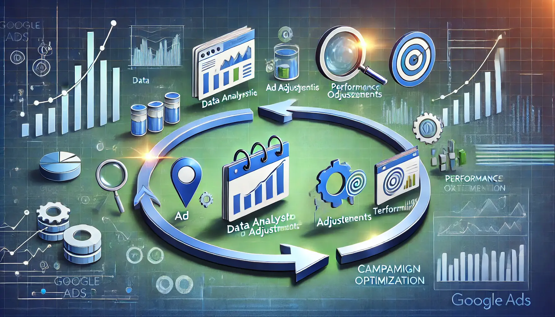 A visual representation of a continuous improvement cycle with icons for data analysis, ad adjustments, and performance tracking.