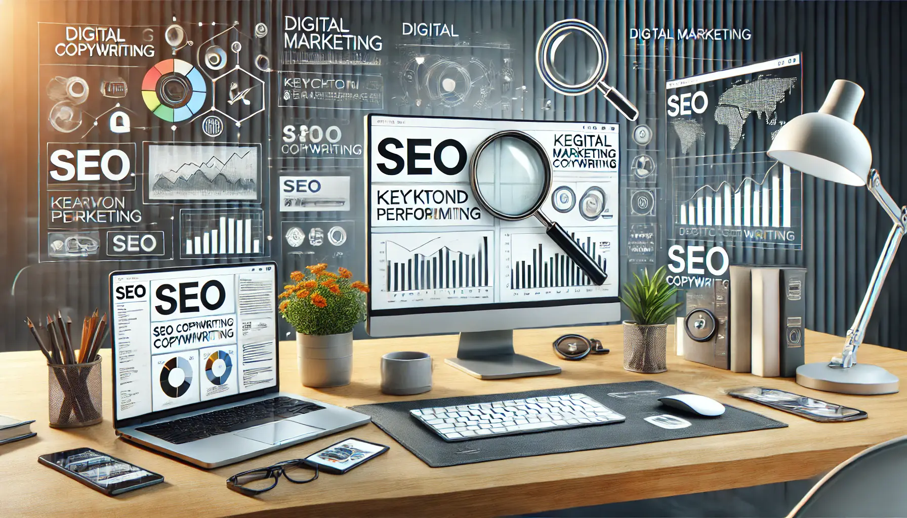 A modern workspace with multiple screens showing SEO and digital marketing tools, including keyword charts and content management systems, emphasizing the connection between SEO and digital marketing.