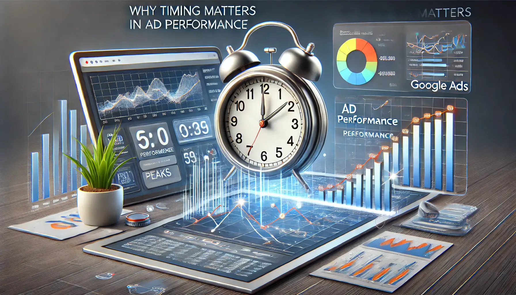 A digital clock and marketing dashboard showing performance graphs fluctuating throughout the day, highlighting the importance of timing in ad performance.