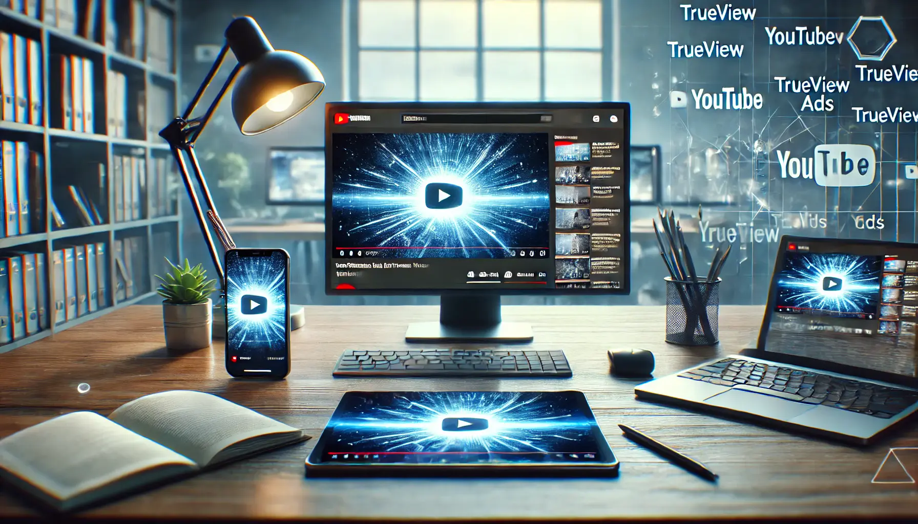 A YouTube ad partially viewed on a laptop screen in a professional workspace, with additional devices nearby, illustrating multi-device engagement.