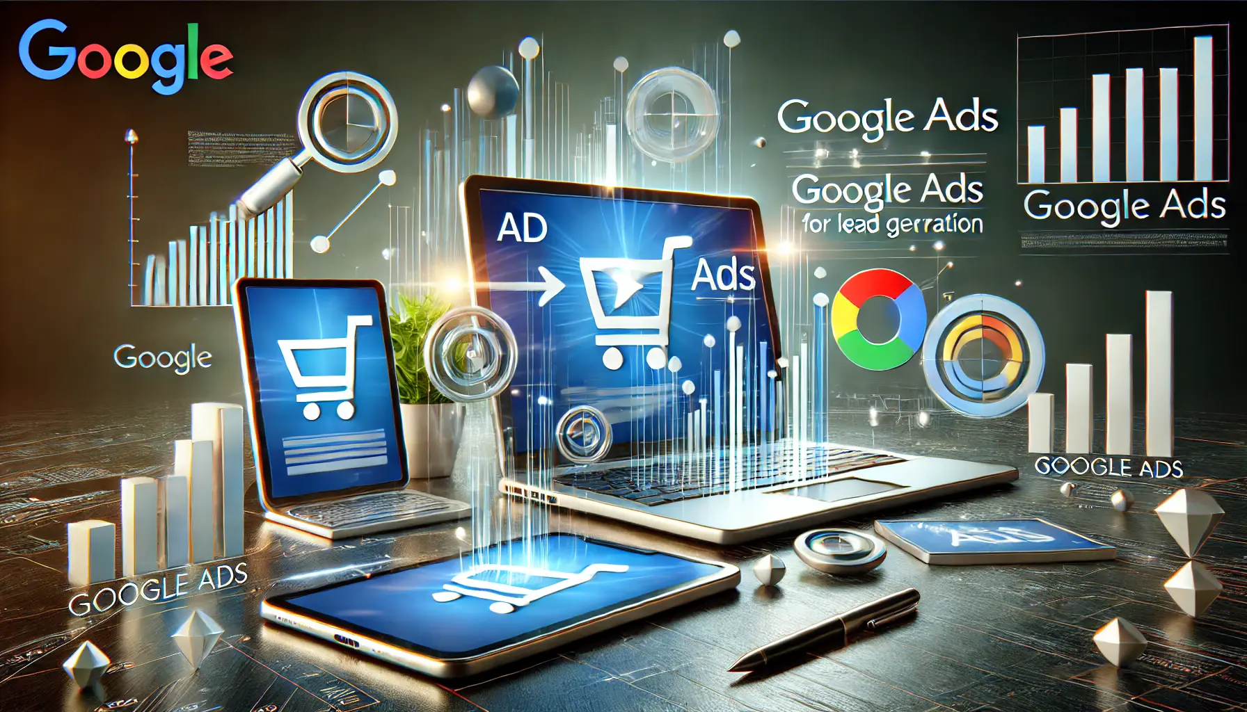 A digital marketing scene showing Google Ads on various devices, highlighting targeted ad campaigns and audience engagement.