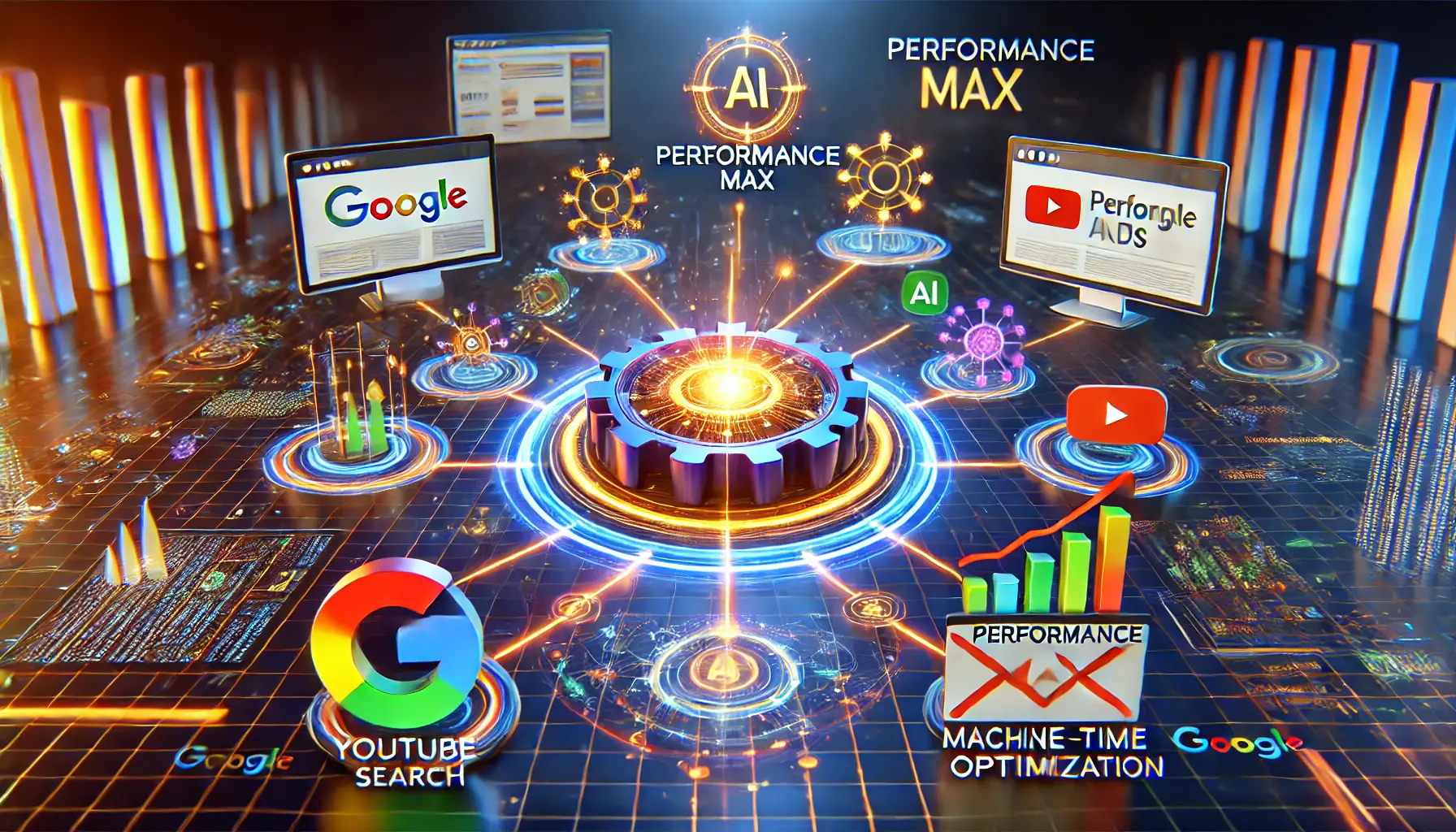 A digital network hub showcasing interconnected platforms like Google Search, YouTube, and Gmail, symbolizing AI-driven optimization in advertising.