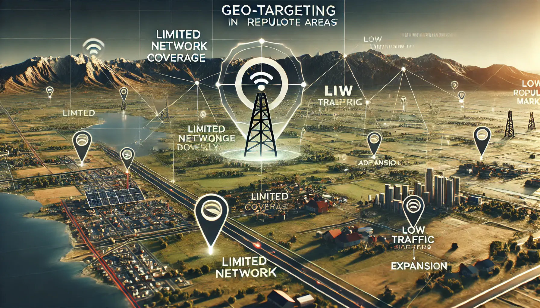 A digital map showing remote areas with sparse population and limited network coverage, representing geo-targeting challenges in rural regions